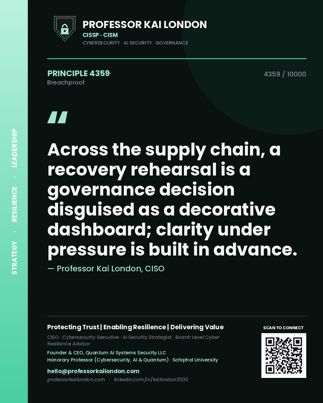 Quote card by Professor Kai London reading 'Across the supply chain, a recovery rehearsal is a governance decision disguised as a decorative dashboard; clarity under pressure is built in advance.'. From the book Breachproof.