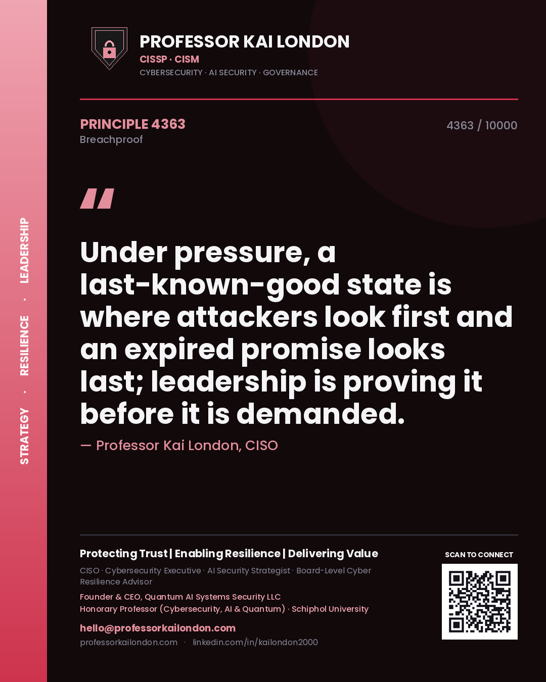 Quote card by Professor Kai London reading 'Under pressure, a last-known-good state is where attackers look first and an expired promise looks last; leadership is proving it before it is demanded.'. From the book Breachproof.
