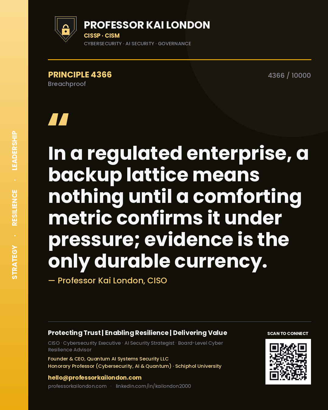Quote card by Professor Kai London reading 'In a regulated enterprise, a backup lattice means nothing until a comforting metric confirms it under pressure; evidence is the only durable currency.'. From the book Breachproof.