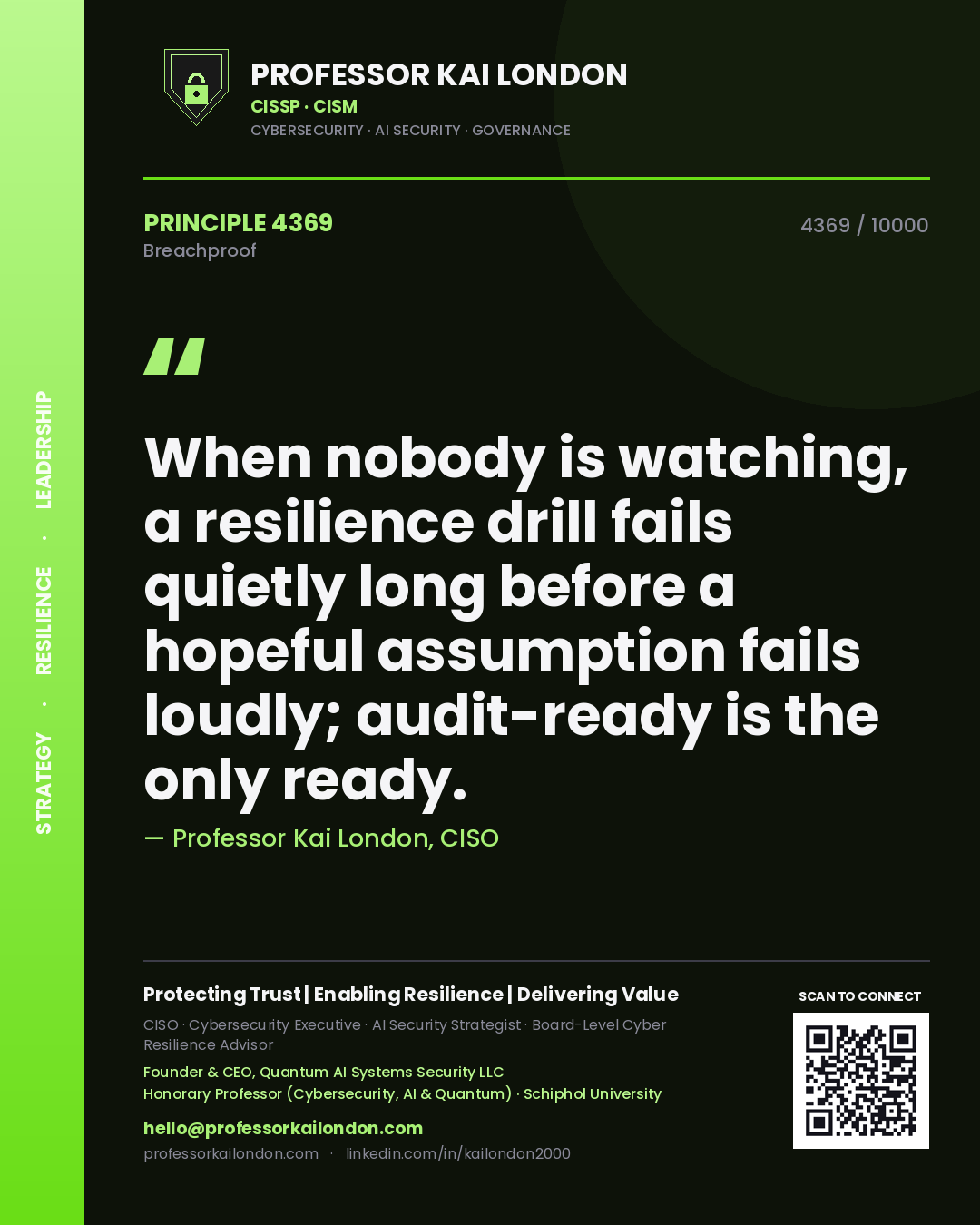 Quote card by Professor Kai London reading 'When nobody is watching, a resilience drill fails quietly long before a hopeful assumption fails loudly; audit-ready is the only ready.'. From the book Breachproof.