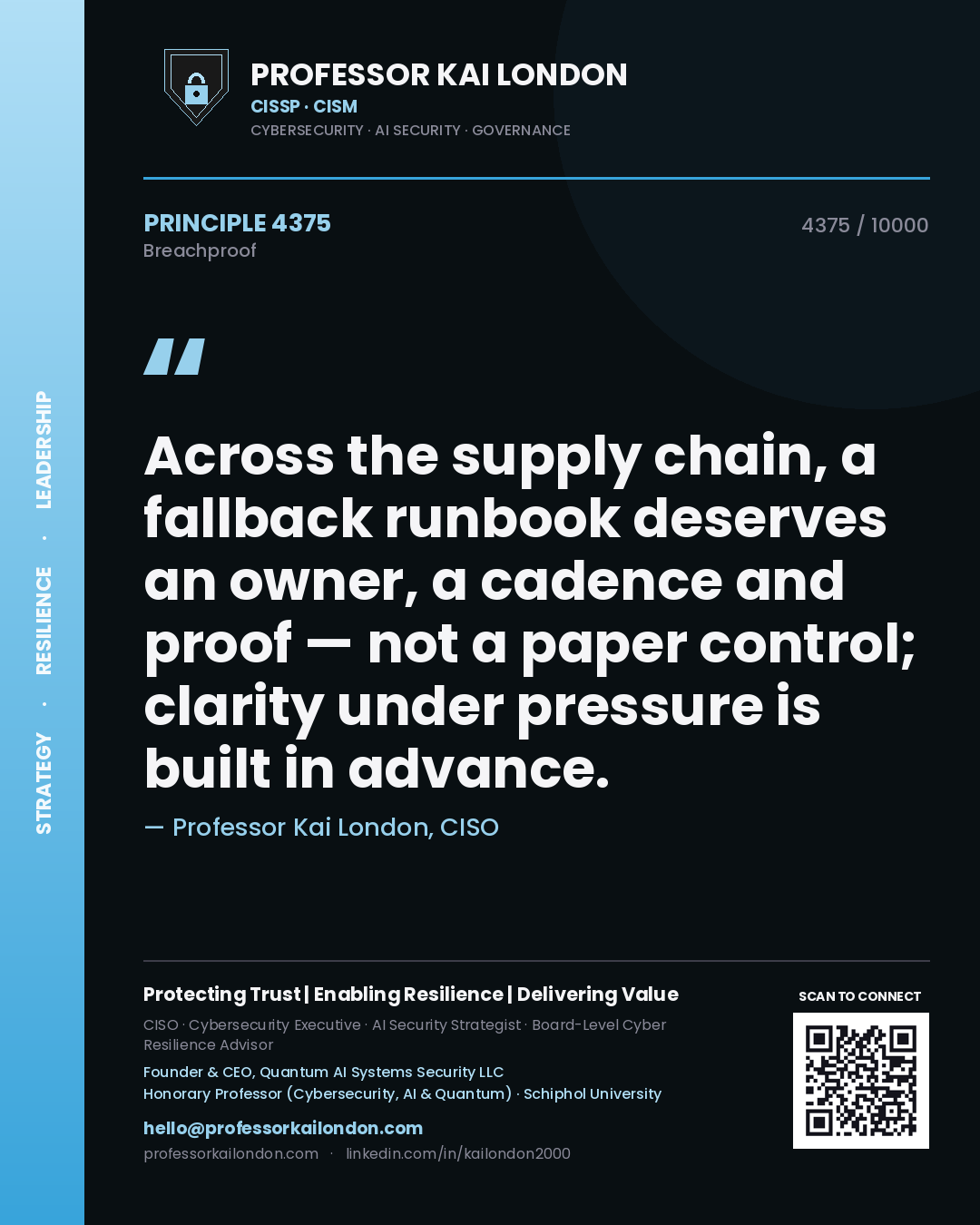 Quote card by Professor Kai London reading 'Across the supply chain, a fallback runbook deserves an owner, a cadence and proof — not a paper control; clarity under pressure is built in advance.'. From the book Breachproof.