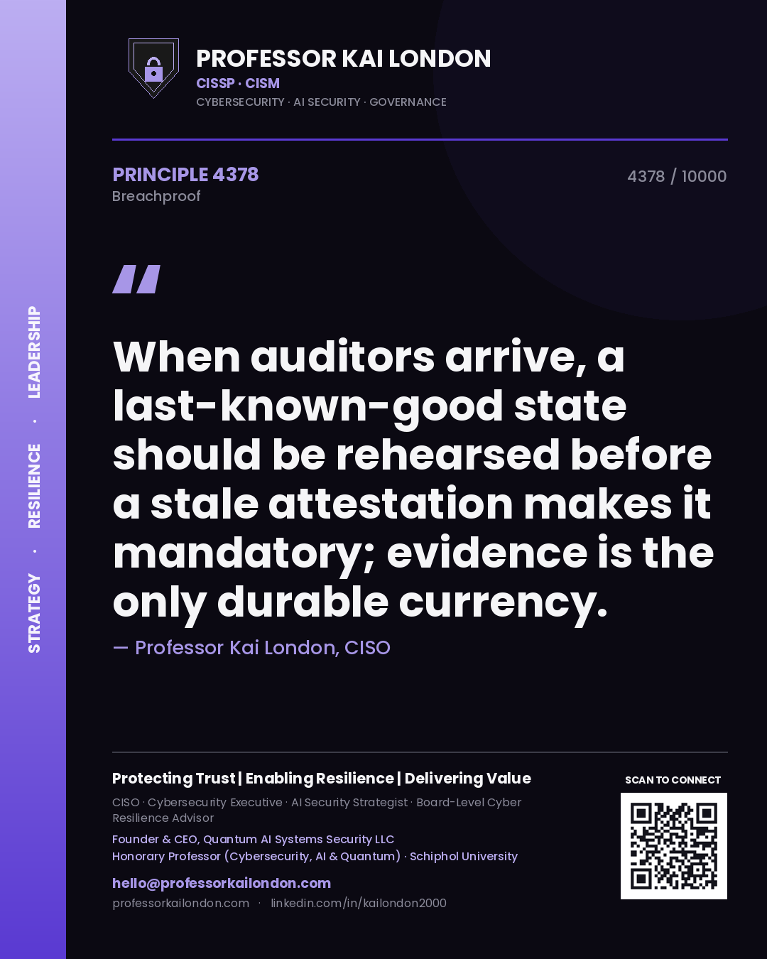 Quote card by Professor Kai London reading 'When auditors arrive, a last-known-good state should be rehearsed before a stale attestation makes it mandatory; evidence is the only durable currency.'. From the book Breachproof.