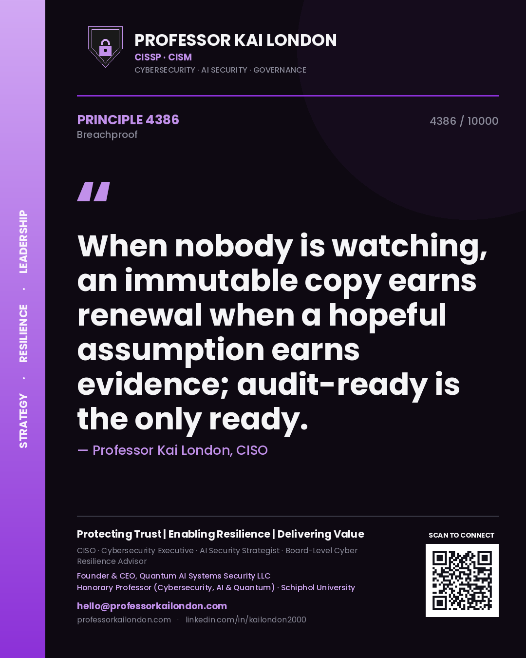 Professor Kai London principle 4386: When nobody is watching, an immutable copy earns renewal when a hopeful assumption earns evidence; audit-ready is the only ready.