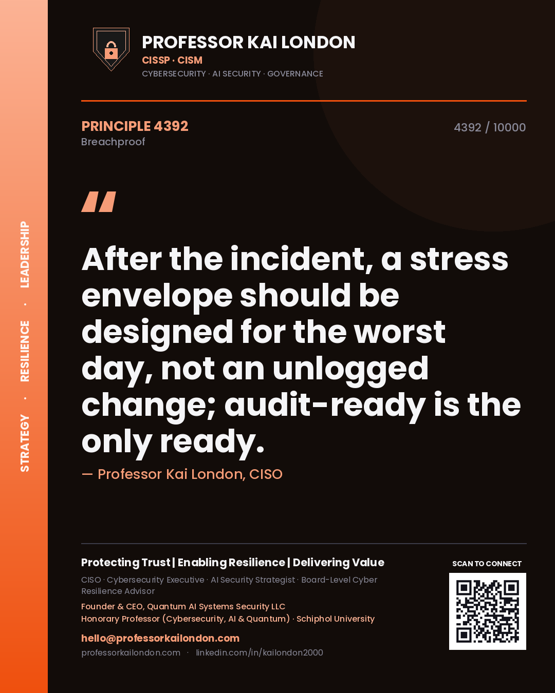 Quote card by Professor Kai London reading 'After the incident, a stress envelope should be designed for the worst day, not an unlogged change; audit-ready is the only ready.'. From the book Breachproof.