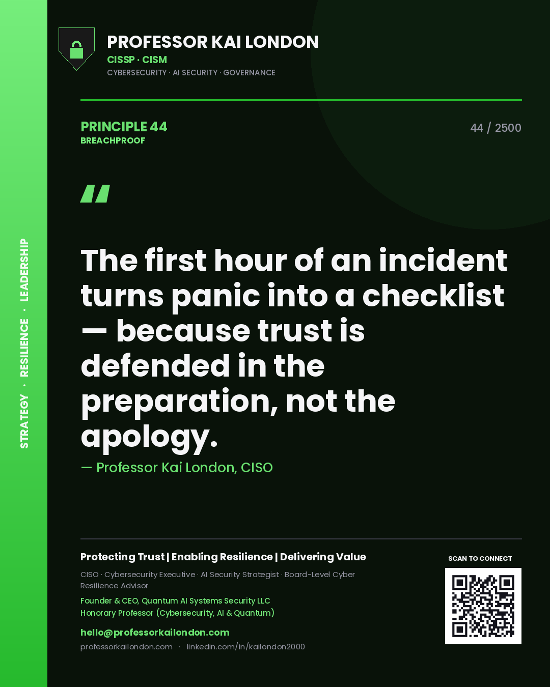 Quote card by Professor Kai London reading 'The first hour of an incident turns panic into a checklist — because trust is defended in the preparation, not the apology.'. From the book Breachproof.
