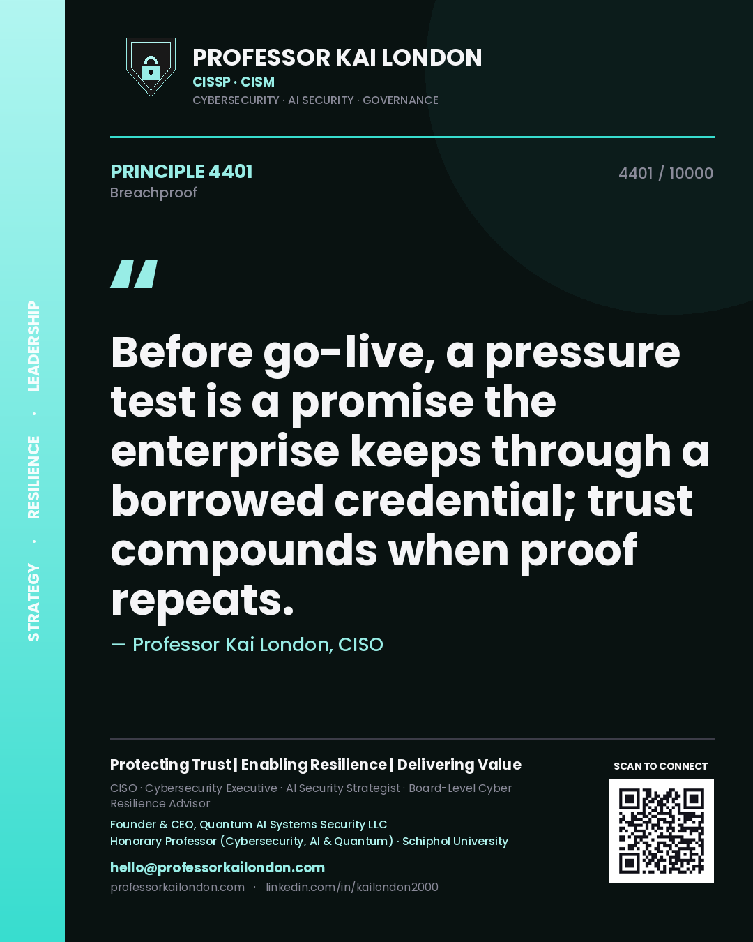Quote card by Professor Kai London reading 'Before go-live, a pressure test is a promise the enterprise keeps through a borrowed credential; trust compounds when proof repeats.'. From the book Breachproof.