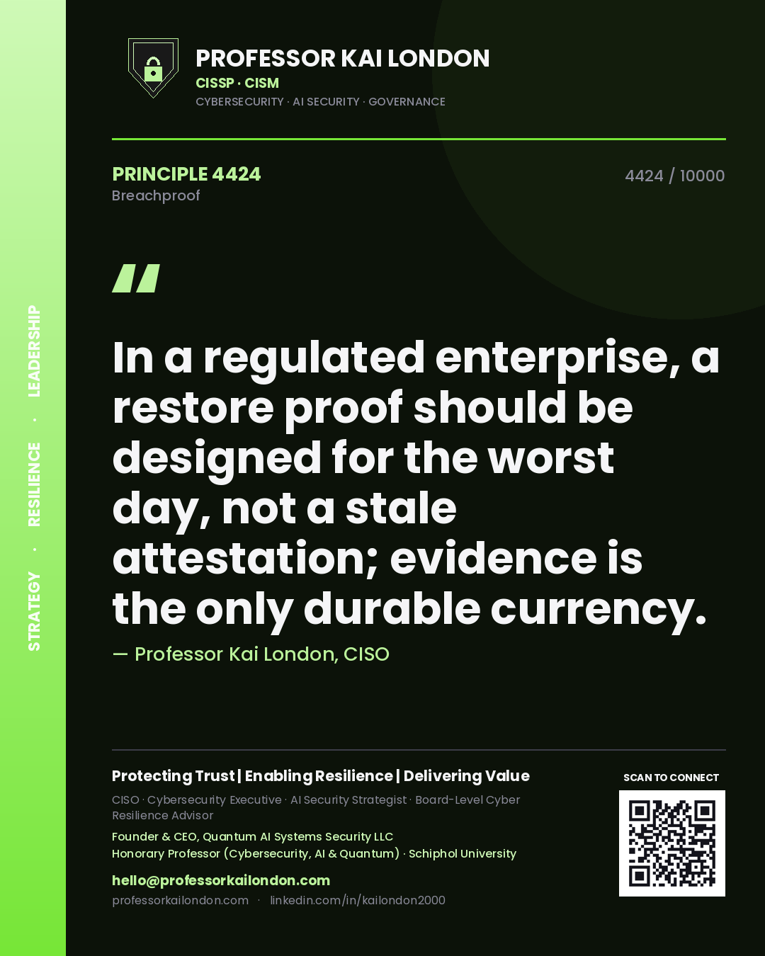 Quote card by Professor Kai London reading 'In a regulated enterprise, a restore proof should be designed for the worst day, not a stale attestation; evidence is the only durable currency.'. From the book Breachproof.