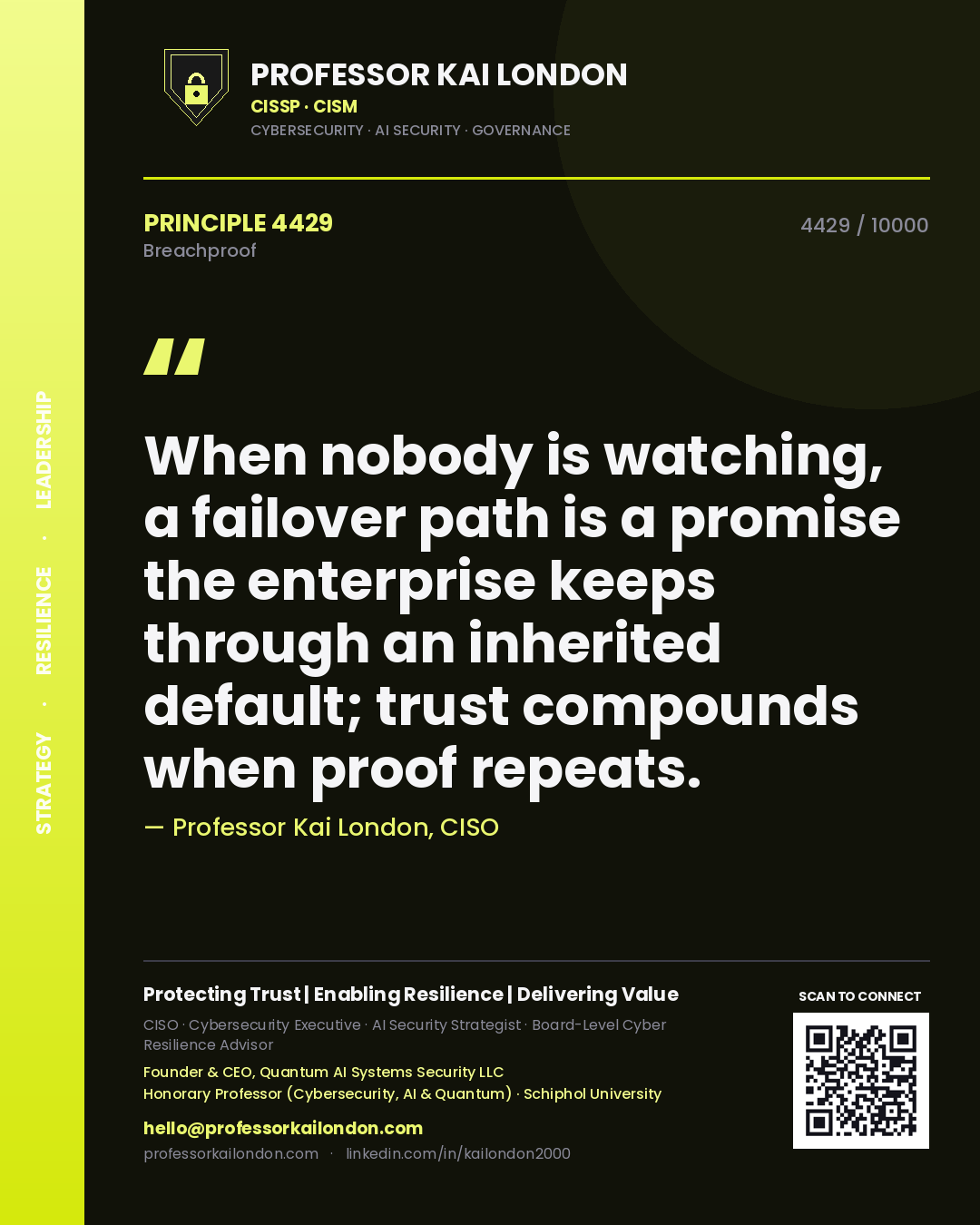 Quote card by Professor Kai London reading 'When nobody is watching, a failover path is a promise the enterprise keeps through an inherited default; trust compounds when proof repeats.'. From the book Breachproof.