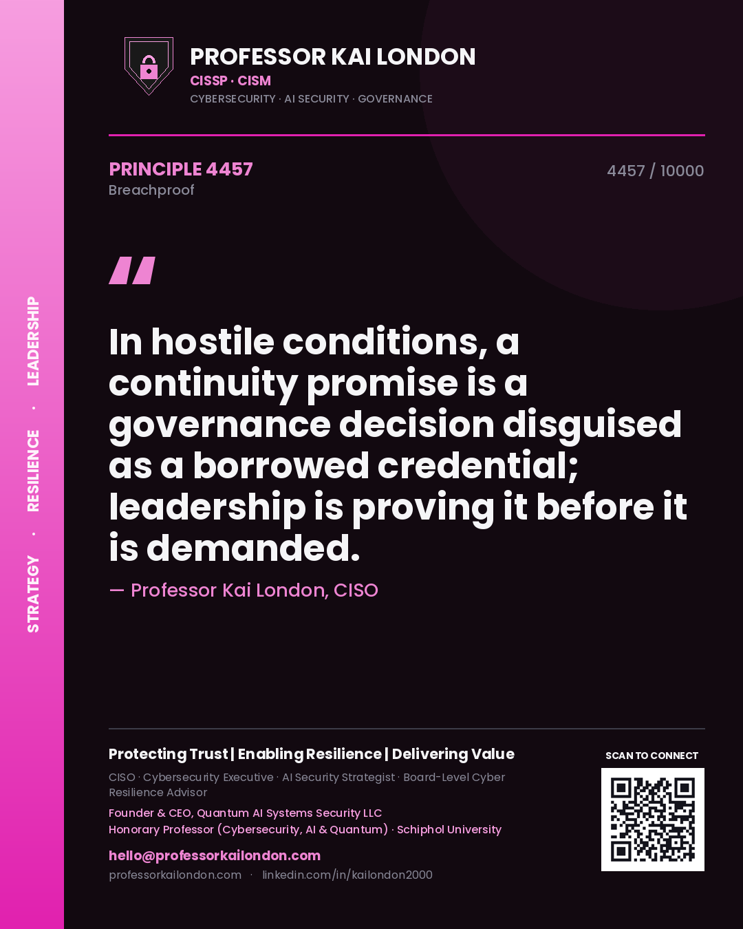 Quote card by Professor Kai London reading 'In hostile conditions, a continuity promise is a governance decision disguised as a borrowed credential; leadership is proving it before it is demanded.'. From the book Breachproof.