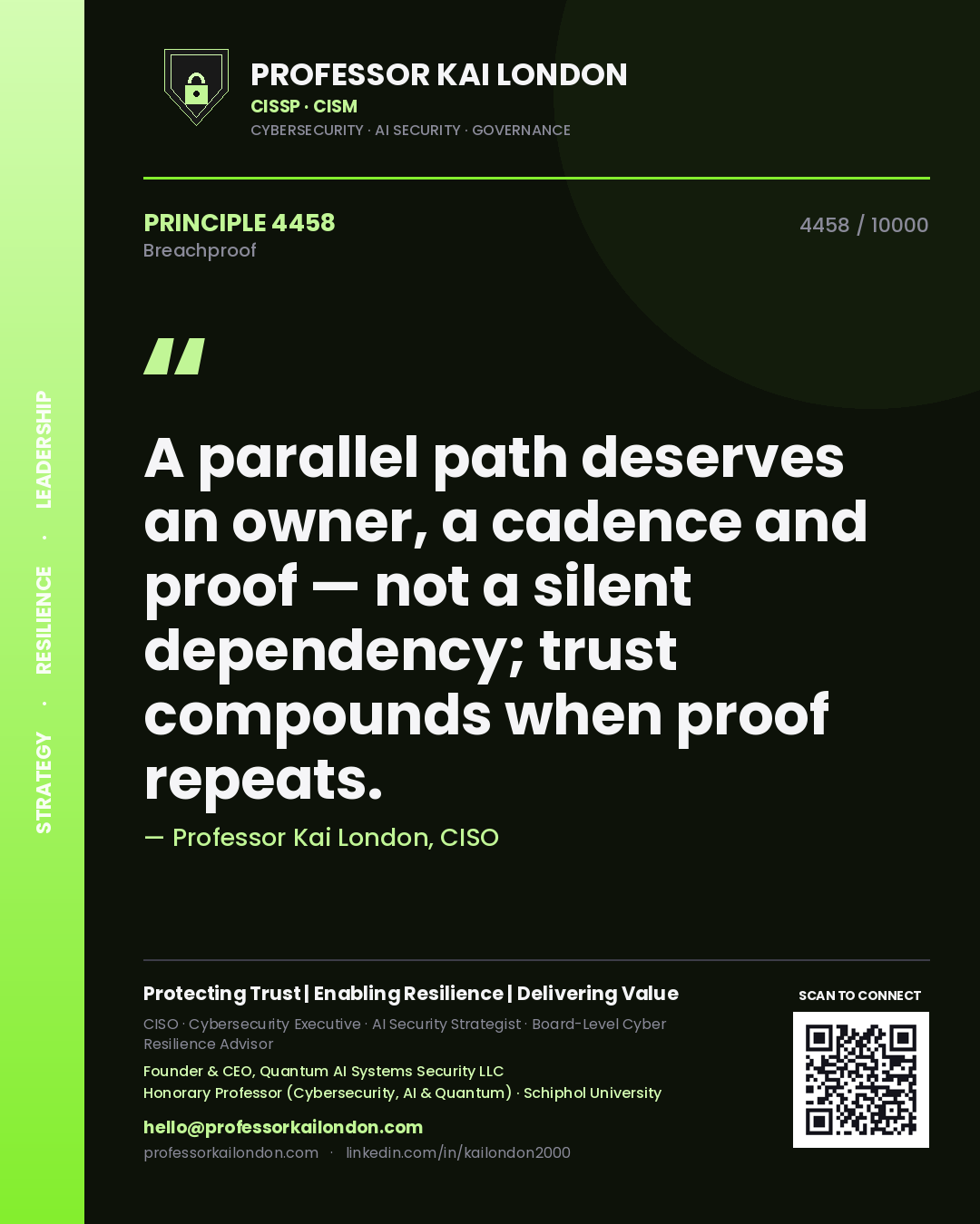Quote card by Professor Kai London reading 'A parallel path deserves an owner, a cadence and proof — not a silent dependency; trust compounds when proof repeats.'. From the book Breachproof.