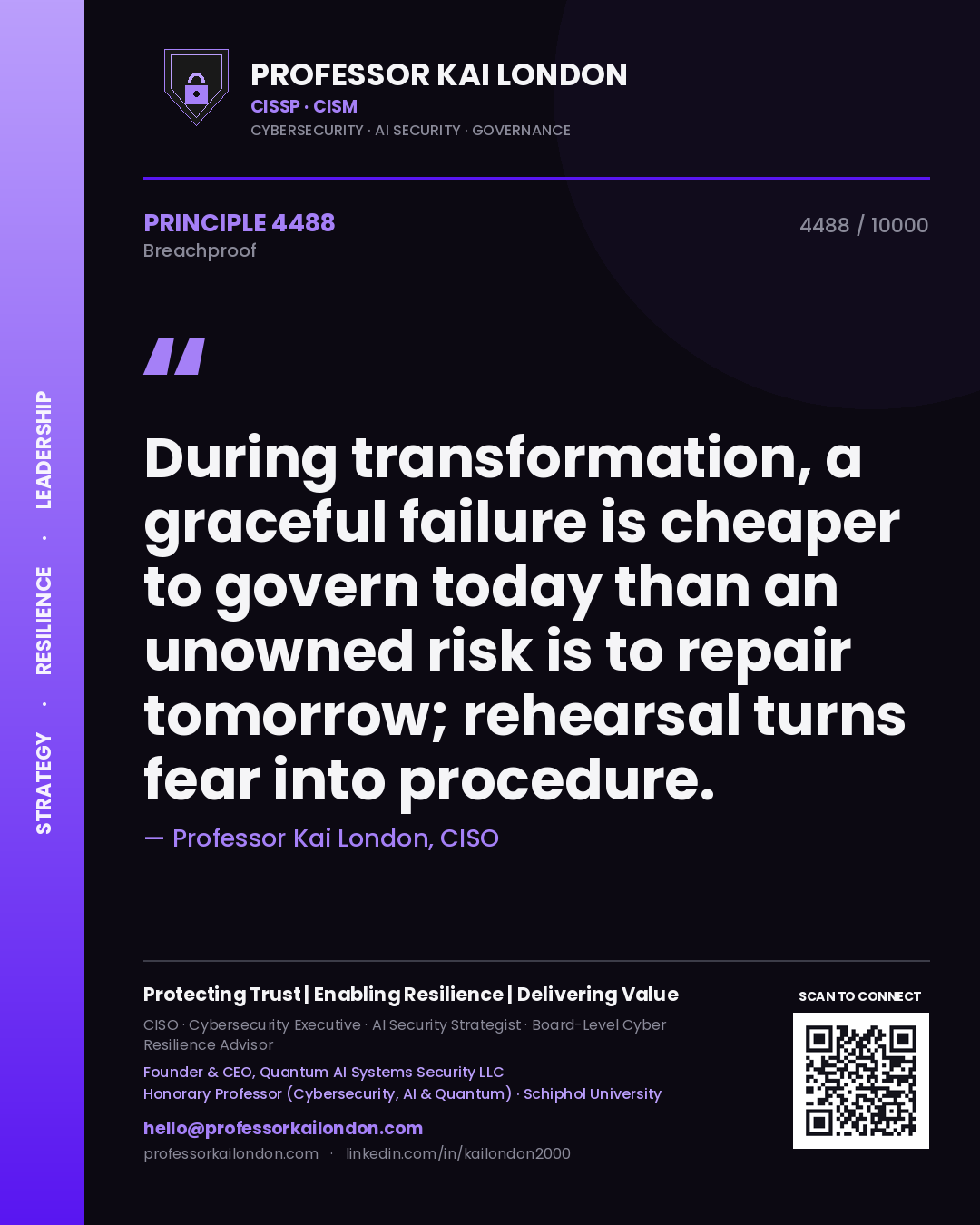 Quote card by Professor Kai London reading 'During transformation, a graceful failure is cheaper to govern today than an unowned risk is to repair tomorrow; rehearsal turns fear into procedure.'. From the book Breachproof.