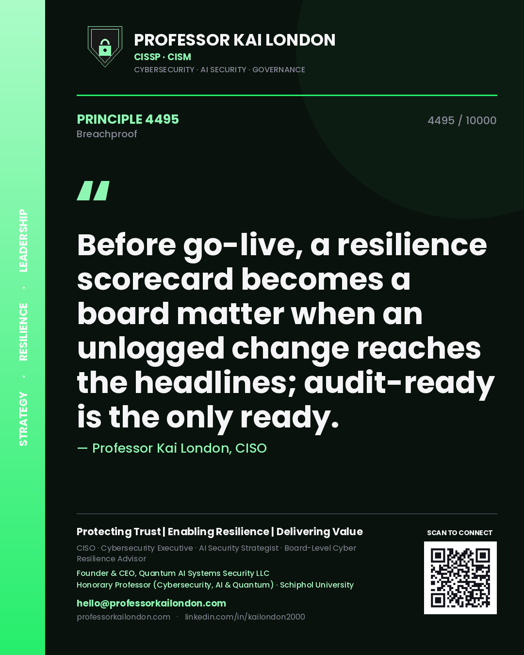 Quote card by Professor Kai London reading 'Before go-live, a resilience scorecard becomes a board matter when an unlogged change reaches the headlines; audit-ready is the only ready.'. From the book Breachproof.