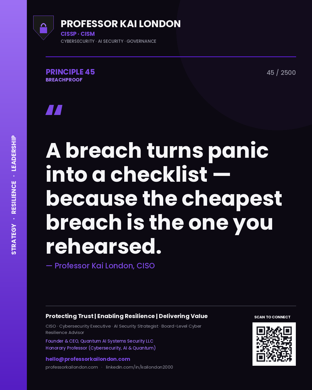 Quote card by Professor Kai London reading 'A breach turns panic into a checklist — because the cheapest breach is the one you rehearsed.'. From the book Breachproof.