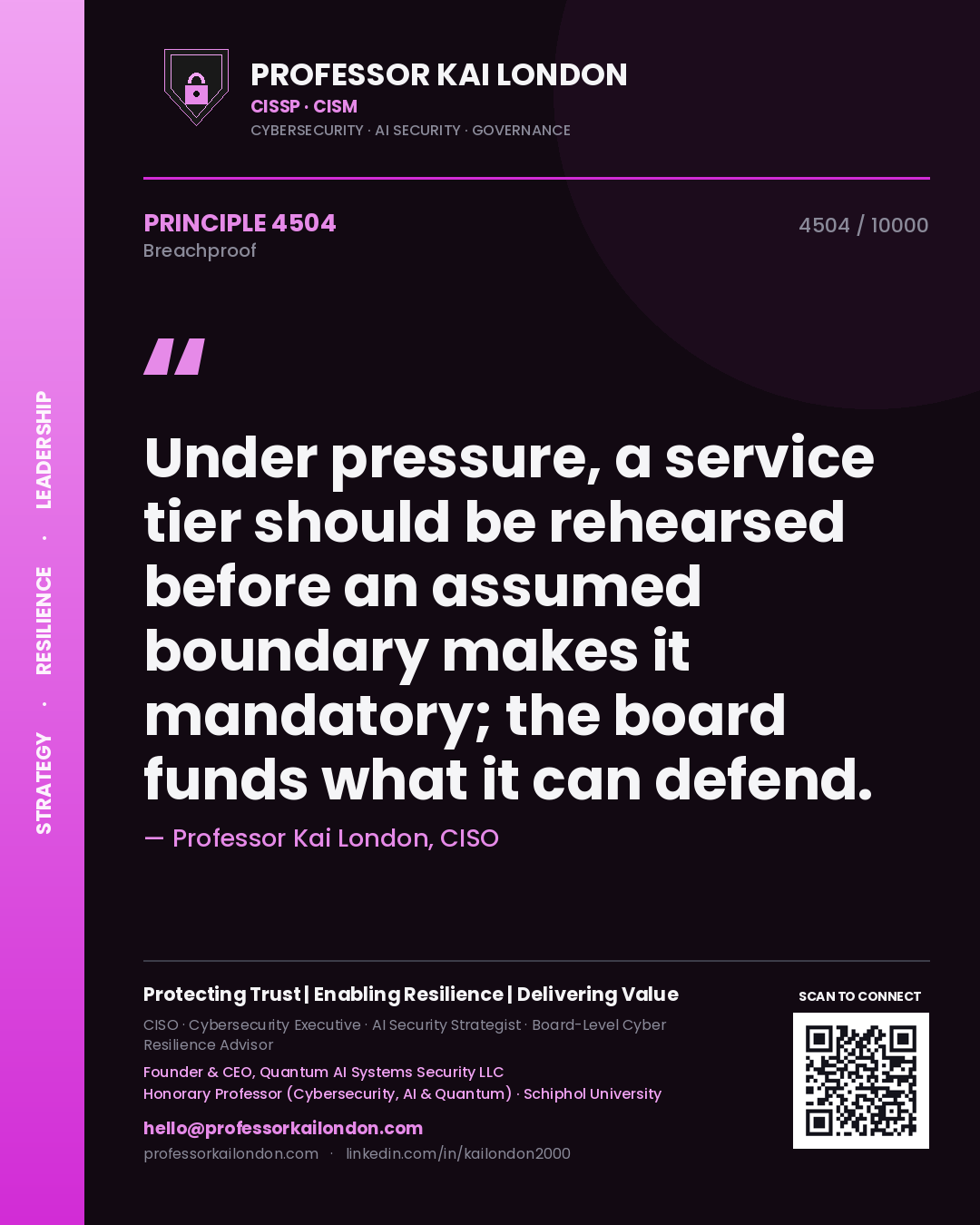 Quote card by Professor Kai London reading 'Under pressure, a service tier should be rehearsed before an assumed boundary makes it mandatory; the board funds what it can defend.'. From the book Breachproof.