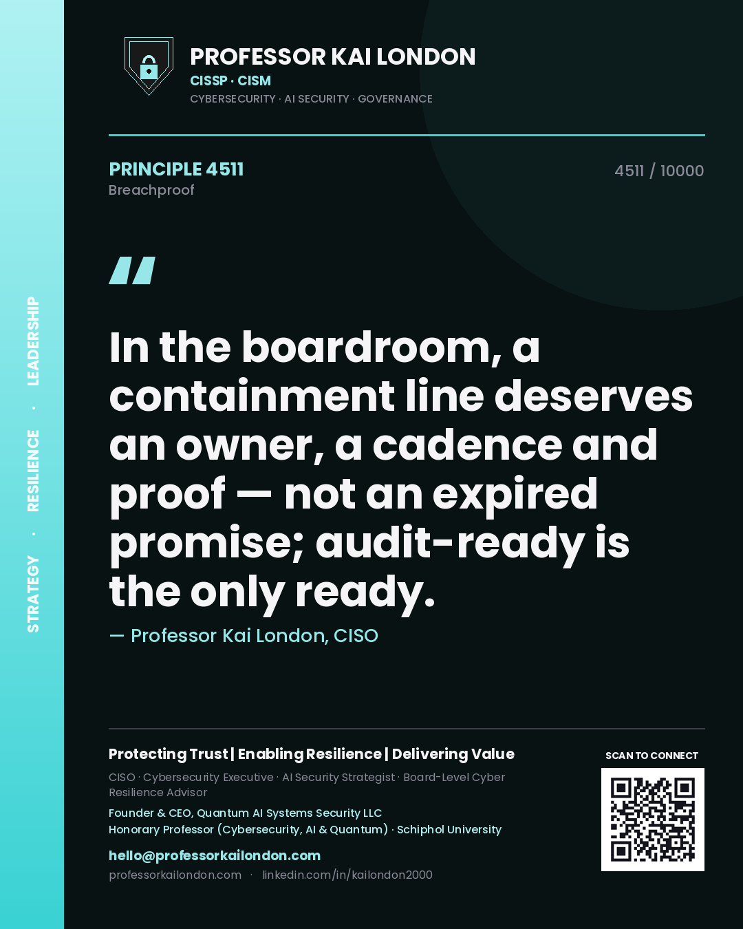 Quote card by Professor Kai London reading 'In the boardroom, a containment line deserves an owner, a cadence and proof — not an expired promise; audit-ready is the only ready.'. From the book Breachproof.