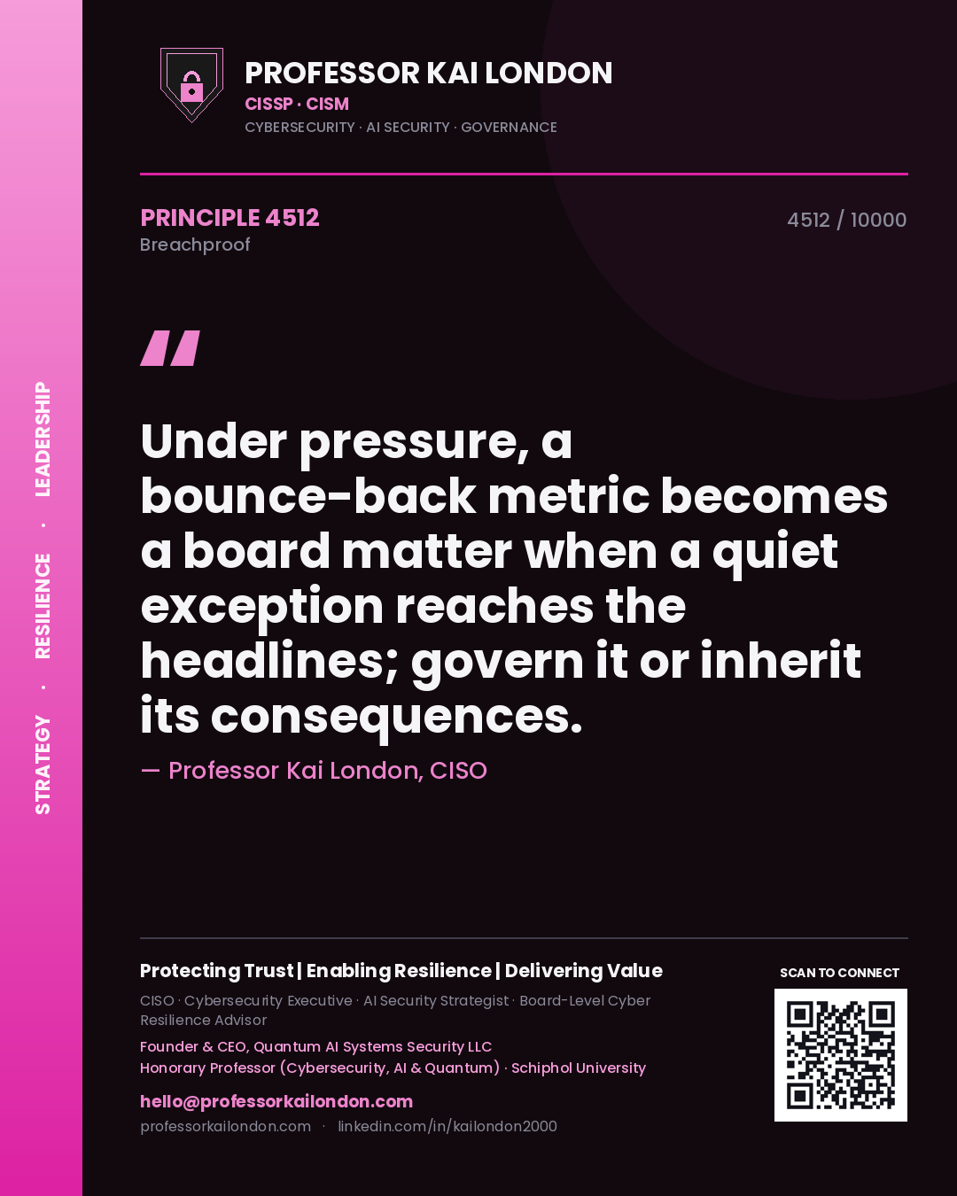 Quote card by Professor Kai London reading 'Under pressure, a bounce-back metric becomes a board matter when a quiet exception reaches the headlines; govern it or inherit its consequences.'. From the book Breachproof.