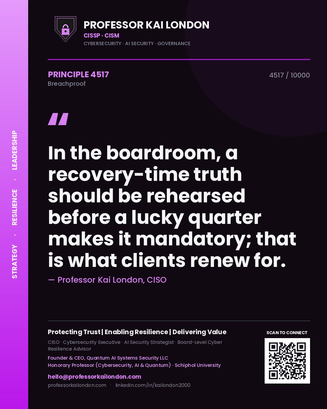 Quote card by Professor Kai London reading 'In the boardroom, a recovery-time truth should be rehearsed before a lucky quarter makes it mandatory; that is what clients renew for.'. From the book Breachproof.