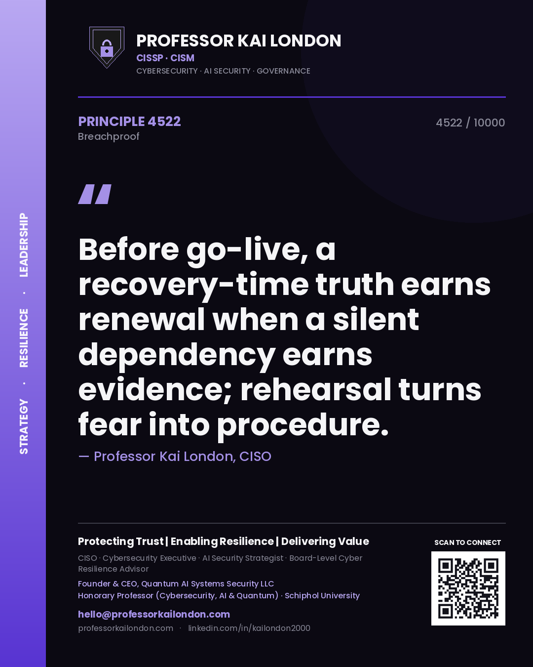 Quote card by Professor Kai London reading 'Before go-live, a recovery-time truth earns renewal when a silent dependency earns evidence; rehearsal turns fear into procedure.'. From the book Breachproof.