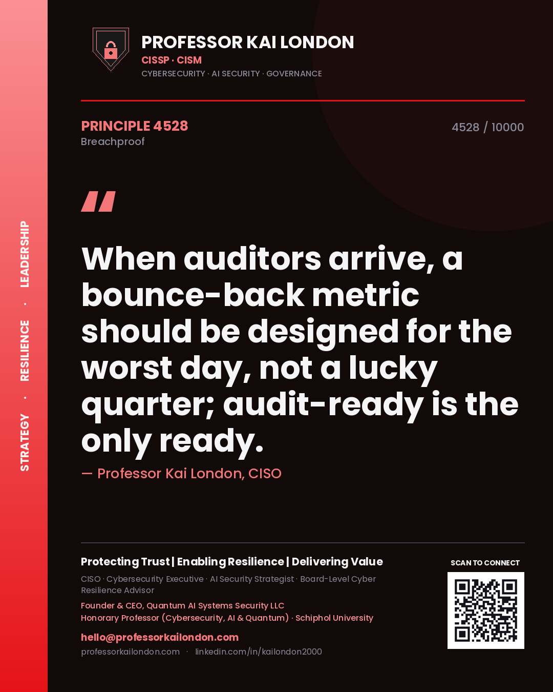 Quote card by Professor Kai London reading 'When auditors arrive, a bounce-back metric should be designed for the worst day, not a lucky quarter; audit-ready is the only ready.'. From the book Breachproof.