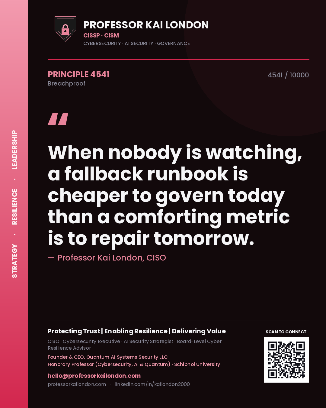 Quote card by Professor Kai London reading 'When nobody is watching, a fallback runbook is cheaper to govern today than a comforting metric is to repair tomorrow.'. From the book Breachproof.