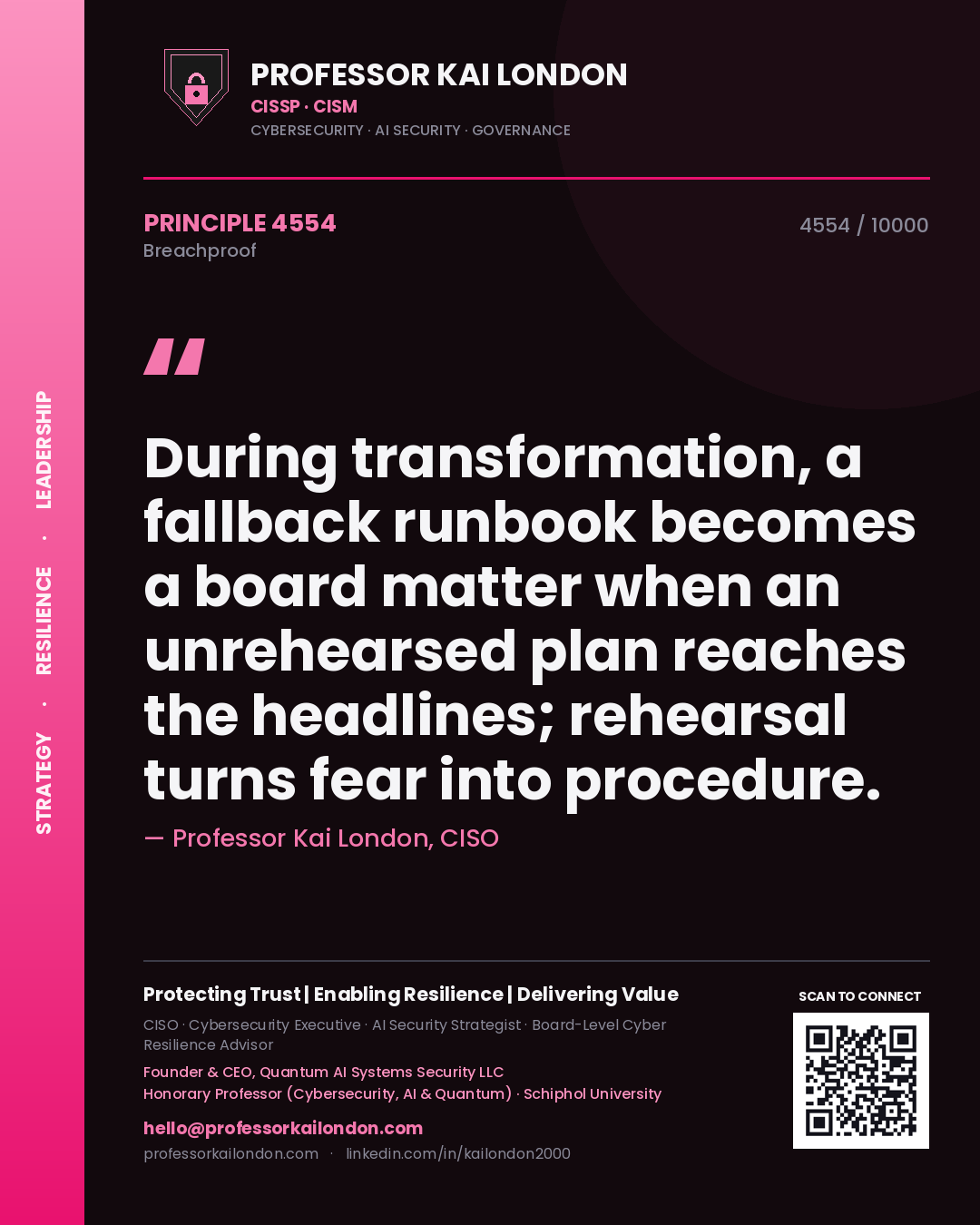 Quote card by Professor Kai London reading 'During transformation, a fallback runbook becomes a board matter when an unrehearsed plan reaches the headlines; rehearsal turns fear into procedure.'. From the book Breachproof.