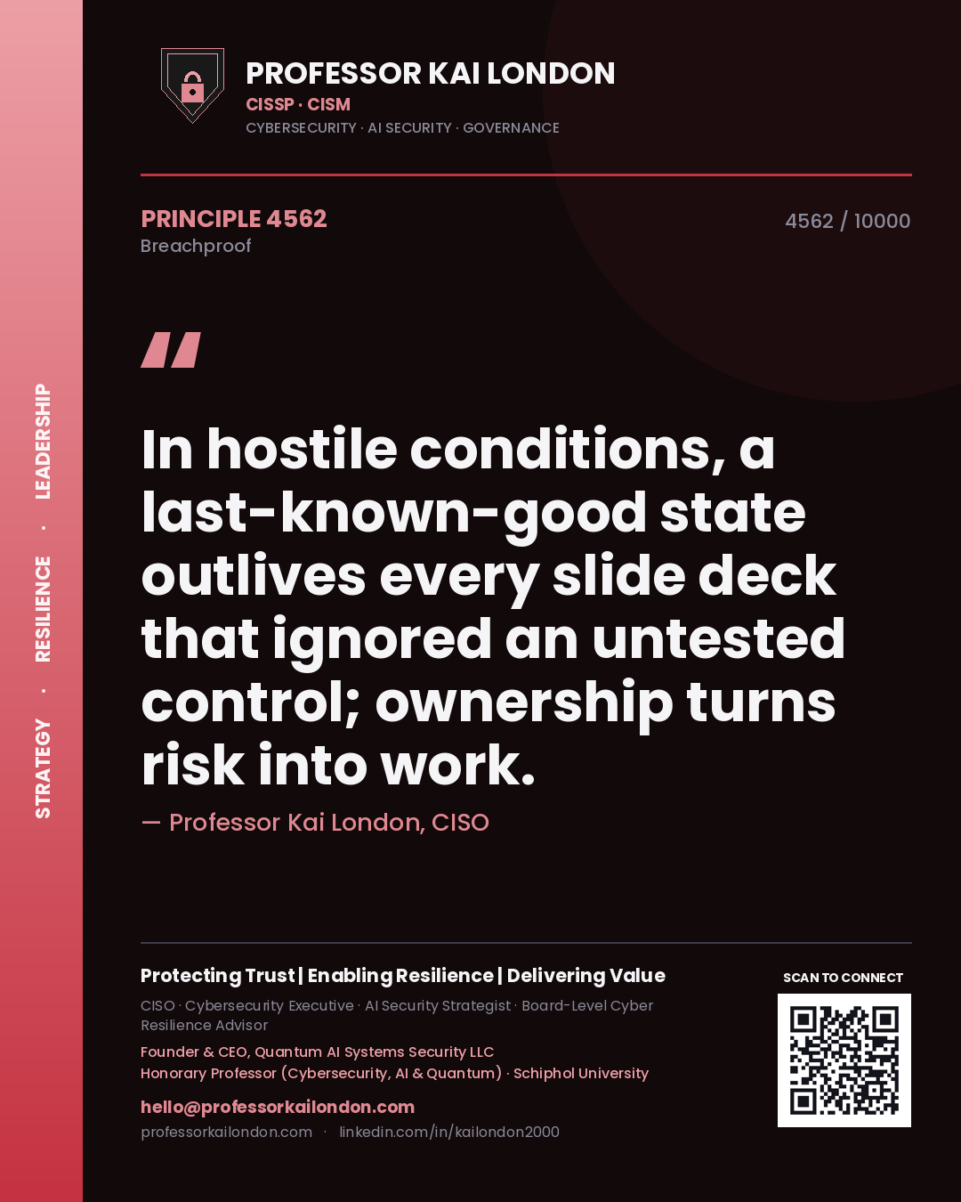 Quote card by Professor Kai London reading 'In hostile conditions, a last-known-good state outlives every slide deck that ignored an untested control; ownership turns risk into work.'. From the book Breachproof.