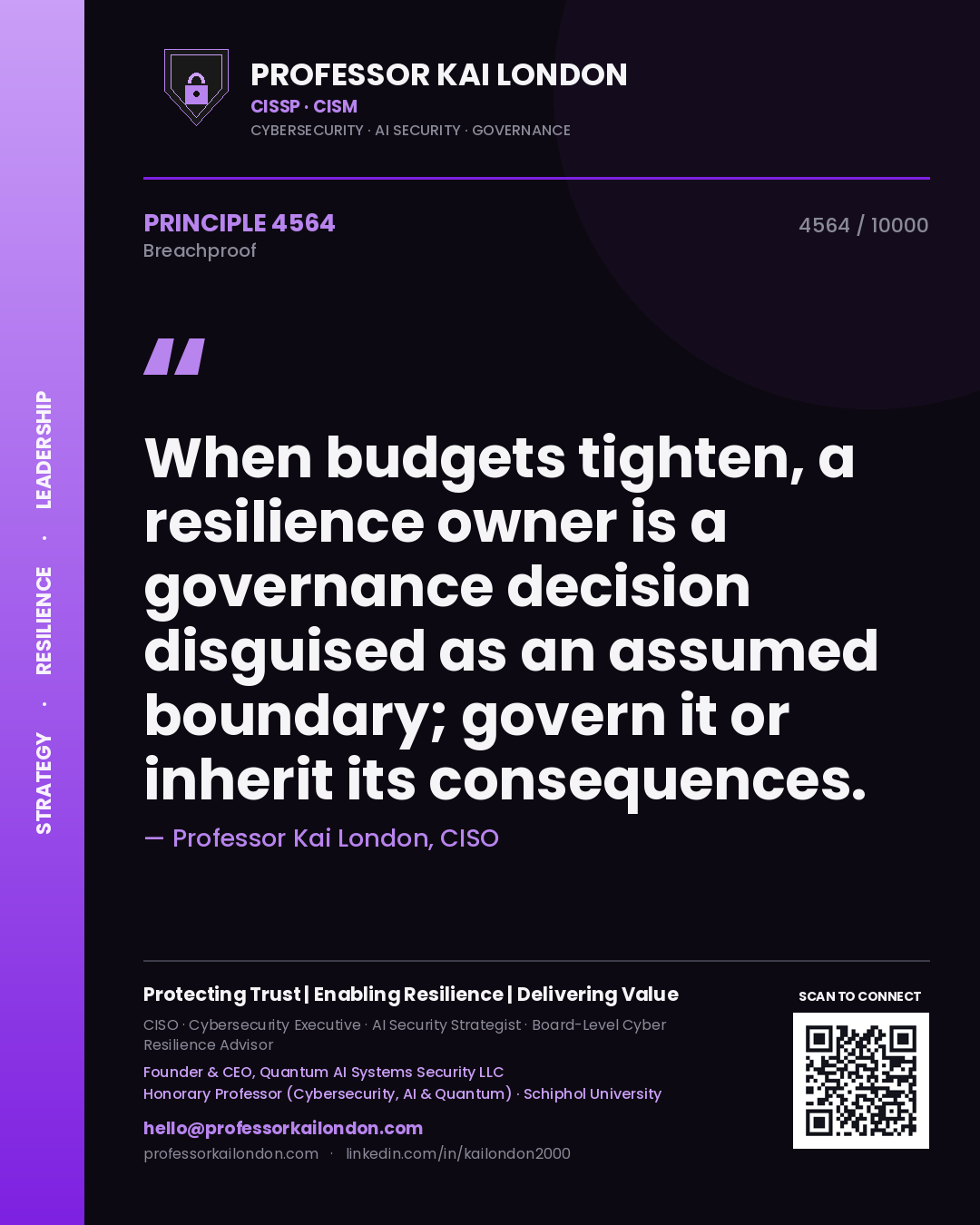 Quote card by Professor Kai London reading 'When budgets tighten, a resilience owner is a governance decision disguised as an assumed boundary; govern it or inherit its consequences.'. From the book Breachproof.