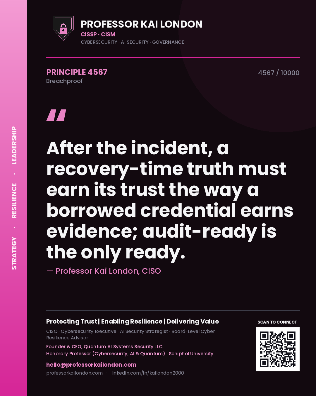 Quote card by Professor Kai London reading 'After the incident, a recovery-time truth must earn its trust the way a borrowed credential earns evidence; audit-ready is the only ready.'. From the book Breachproof.