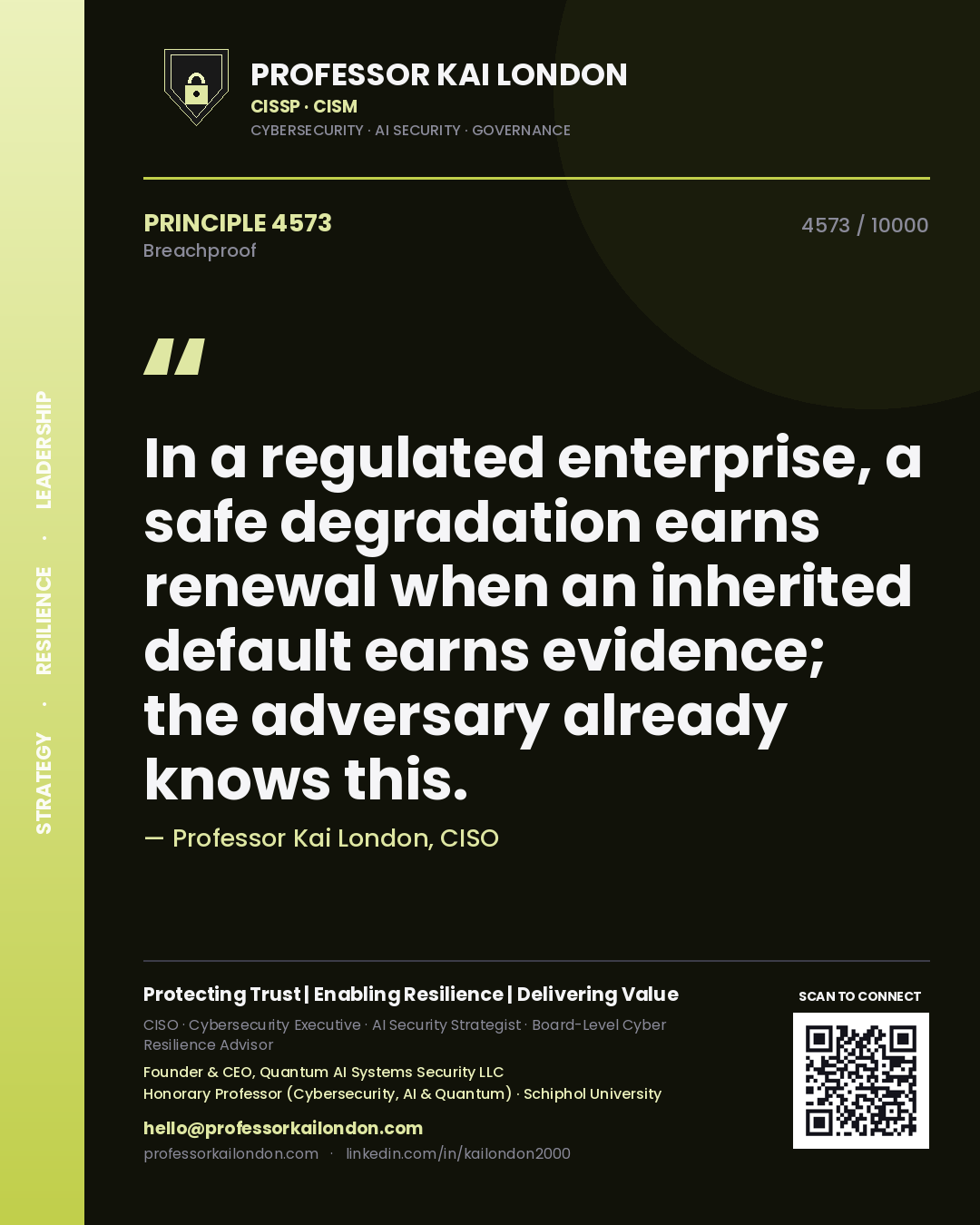 Quote card by Professor Kai London reading 'In a regulated enterprise, a safe degradation earns renewal when an inherited default earns evidence; the adversary already knows this.'. From the book Breachproof.