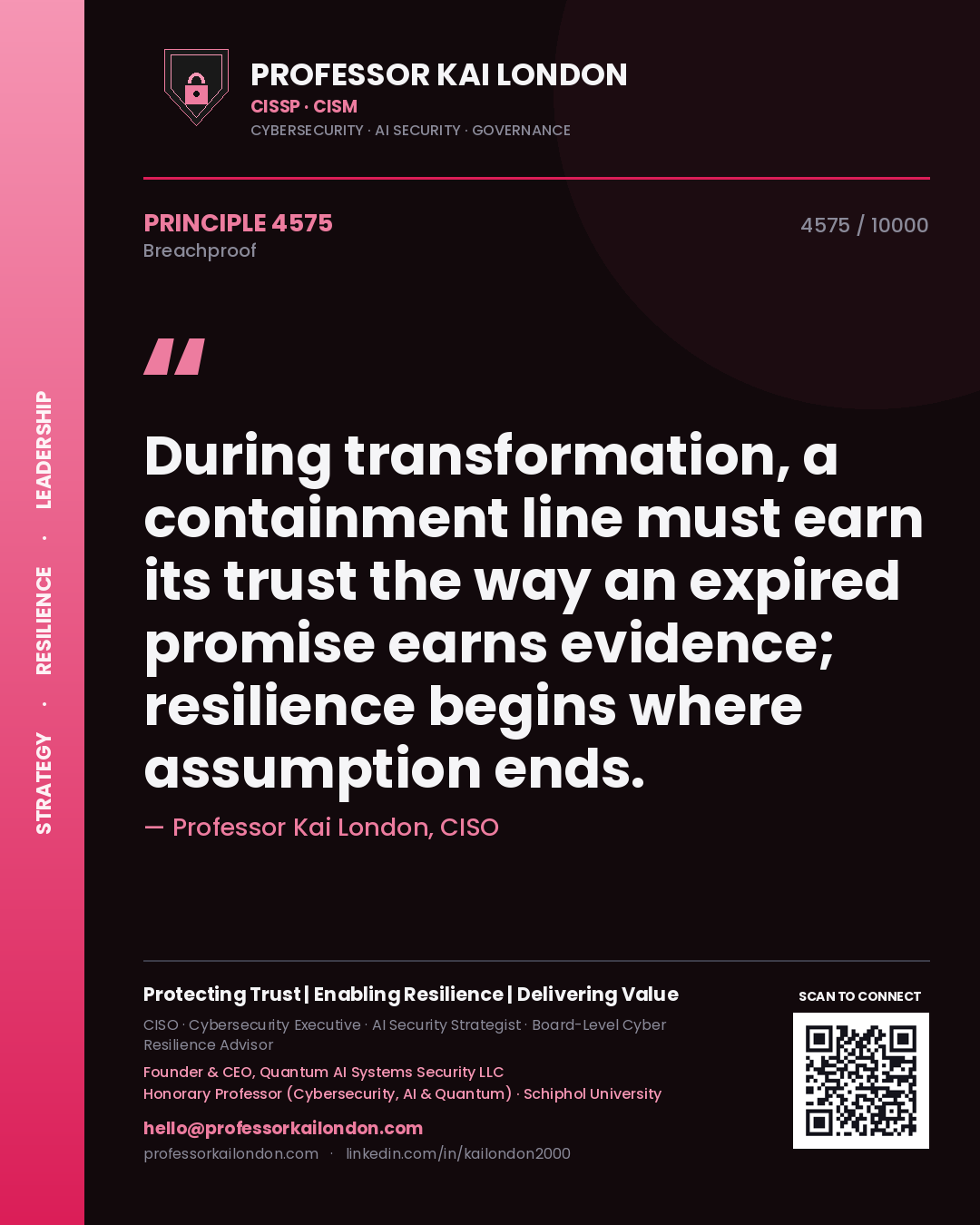 Quote card by Professor Kai London reading 'During transformation, a containment line must earn its trust the way an expired promise earns evidence; resilience begins where assumption ends.'. From the book Breachproof.