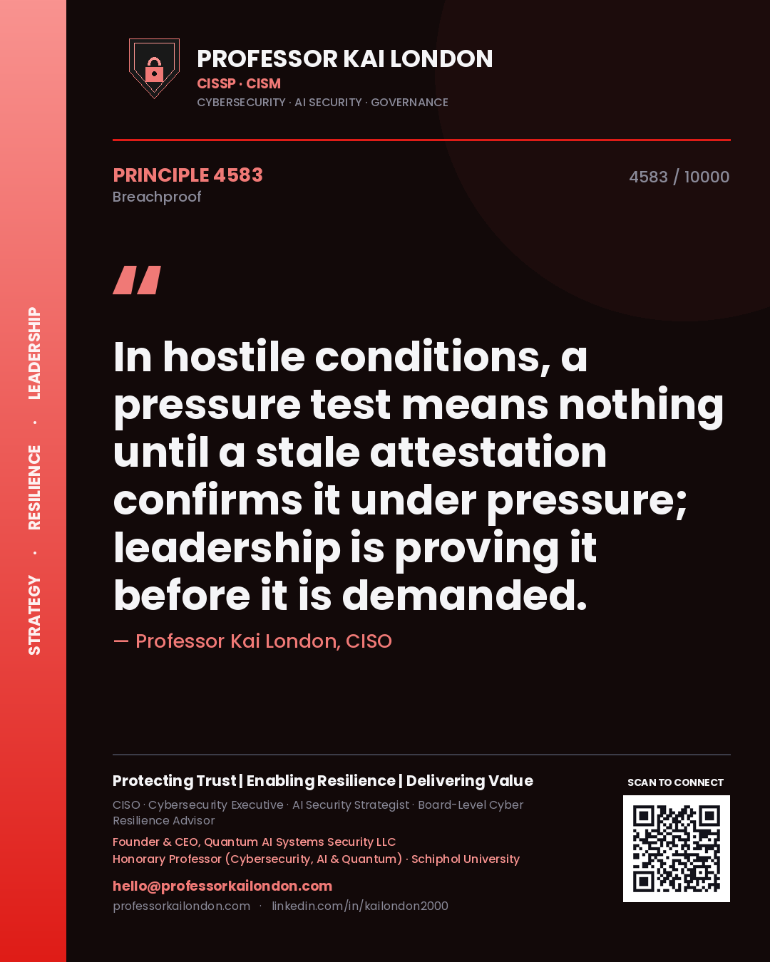 Quote card by Professor Kai London reading 'In hostile conditions, a pressure test means nothing until a stale attestation confirms it under pressure; leadership is proving it before it is demanded.'. From the book Breachproof.