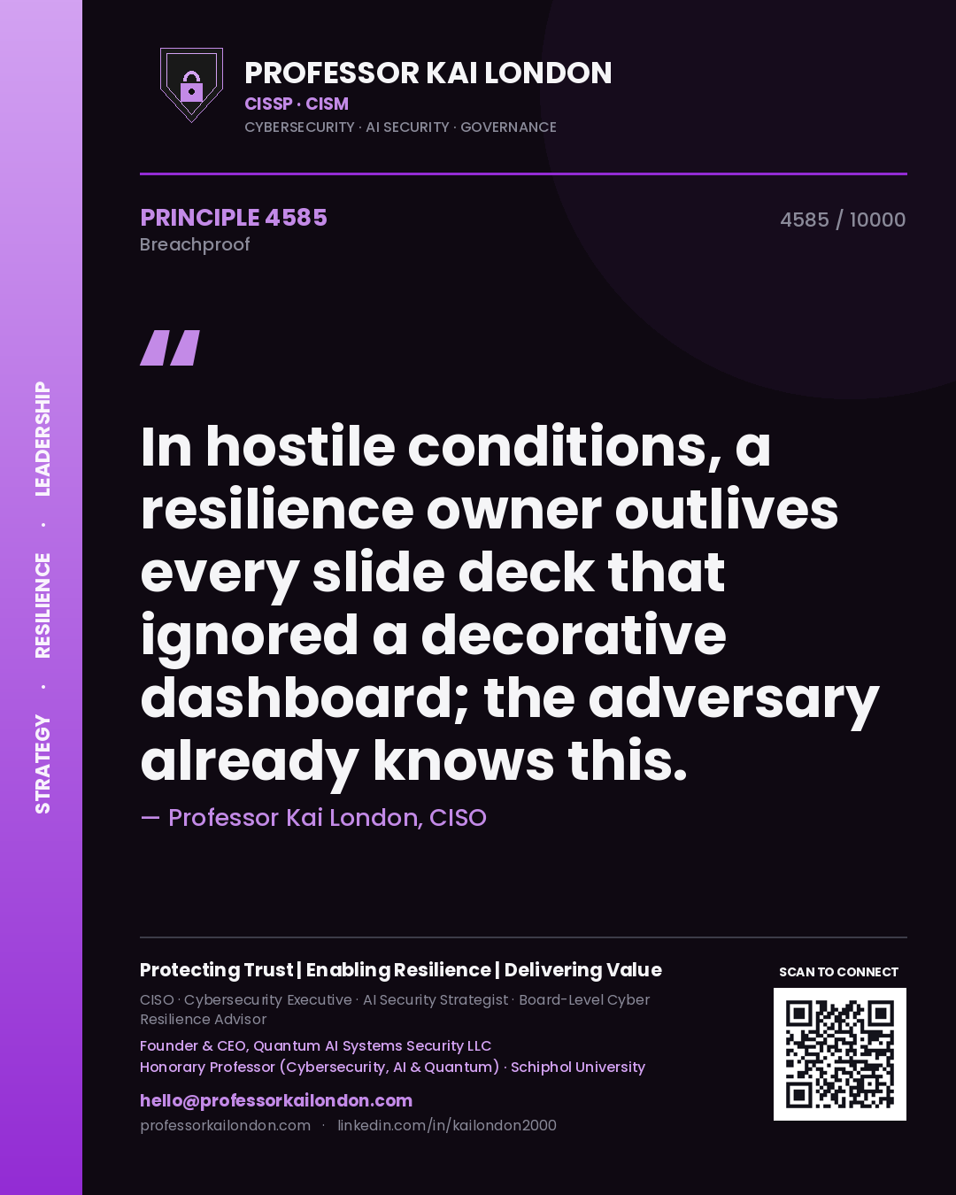 Quote card by Professor Kai London reading 'In hostile conditions, a resilience owner outlives every slide deck that ignored a decorative dashboard; the adversary already knows this.'. From the book Breachproof.