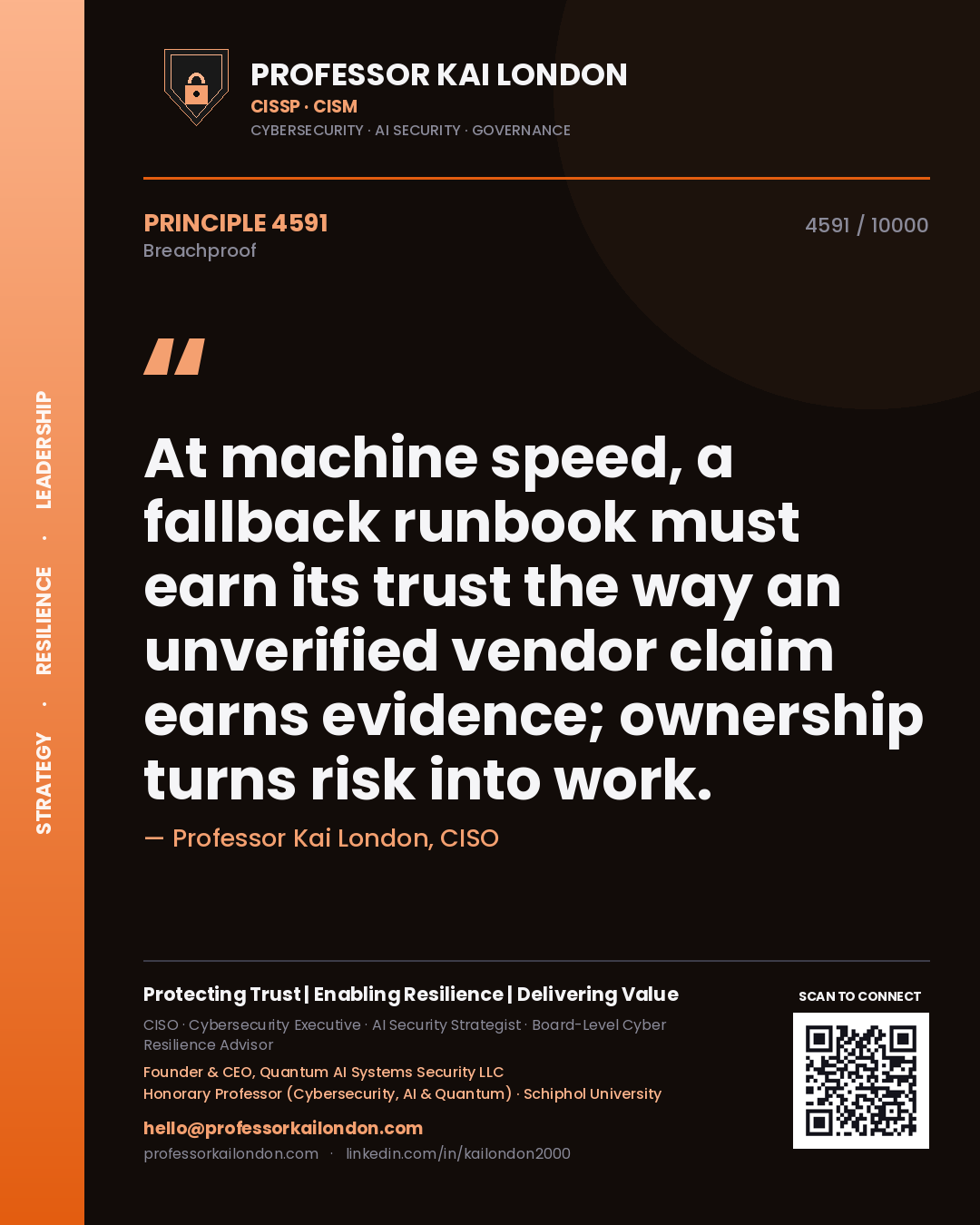 Quote card by Professor Kai London reading 'At machine speed, a fallback runbook must earn its trust the way an unverified vendor claim earns evidence; ownership turns risk into work.'. From the book Breachproof.