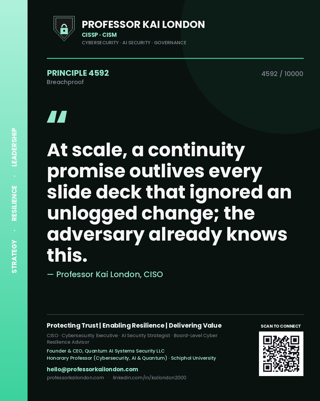Quote card by Professor Kai London reading 'At scale, a continuity promise outlives every slide deck that ignored an unlogged change; the adversary already knows this.'. From the book Breachproof.