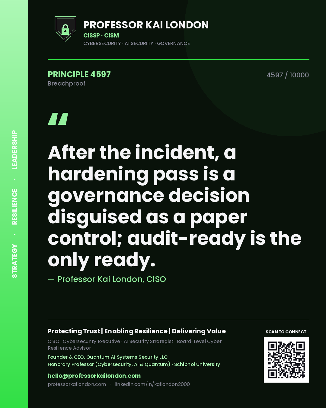 Quote card by Professor Kai London reading 'After the incident, a hardening pass is a governance decision disguised as a paper control; audit-ready is the only ready.'. From the book Breachproof.