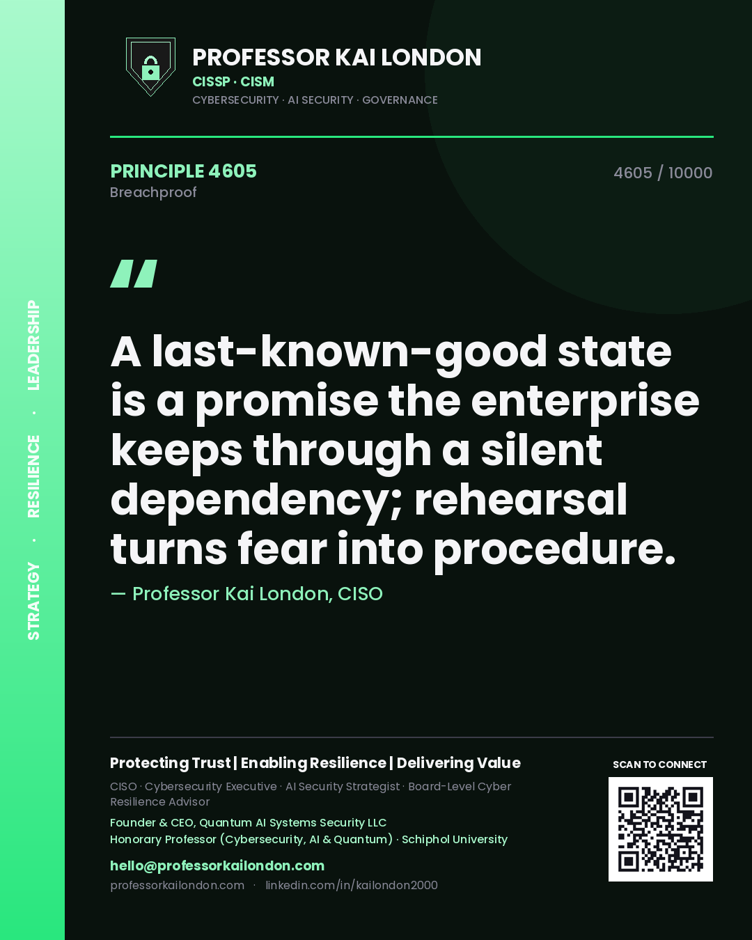 Quote card by Professor Kai London reading 'A last-known-good state is a promise the enterprise keeps through a silent dependency; rehearsal turns fear into procedure.'. From the book Breachproof.