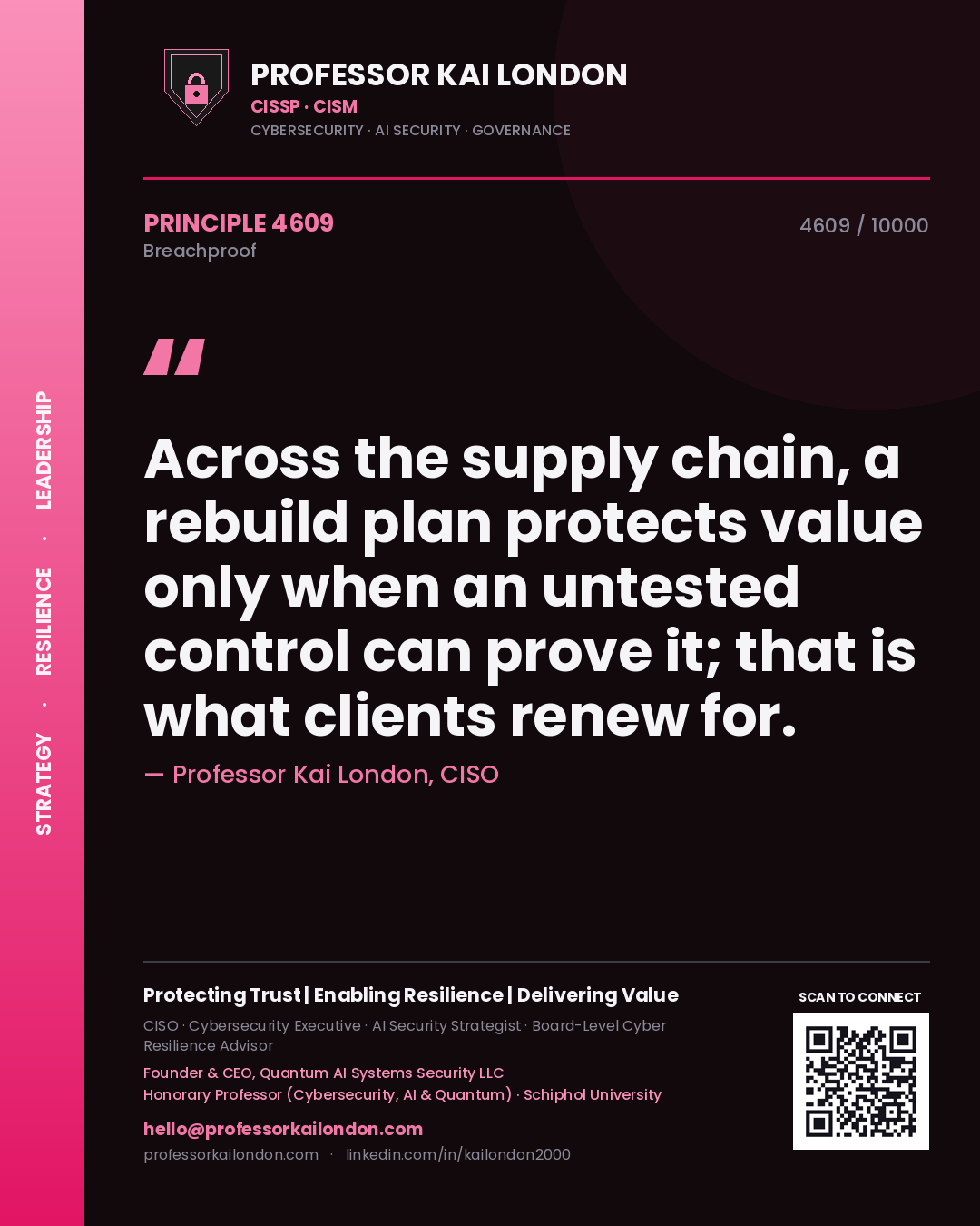 Quote card by Professor Kai London reading 'Across the supply chain, a rebuild plan protects value only when an untested control can prove it; that is what clients renew for.'. From the book Breachproof.