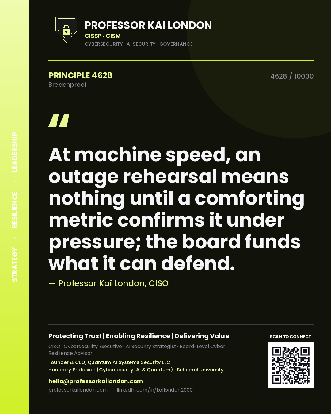 Quote card by Professor Kai London reading 'At machine speed, an outage rehearsal means nothing until a comforting metric confirms it under pressure; the board funds what it can defend.'. From the book Breachproof.