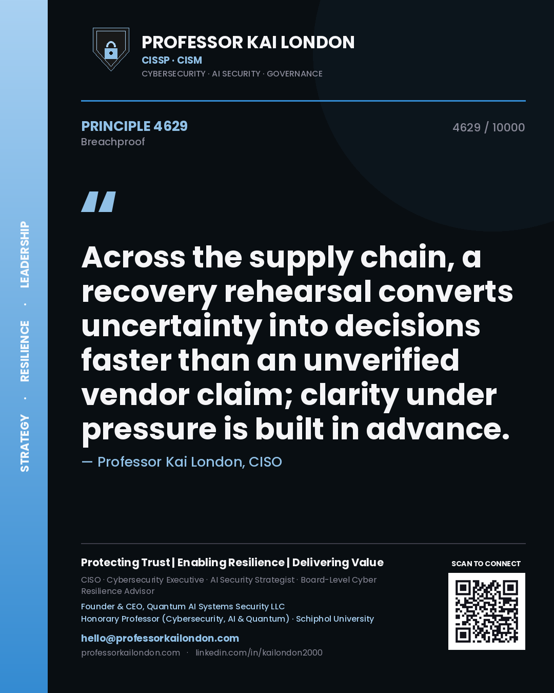 Quote card by Professor Kai London reading 'Across the supply chain, a recovery rehearsal converts uncertainty into decisions faster than an unverified vendor claim; clarity under pressure is built in advance.'. From the book Breachproof.