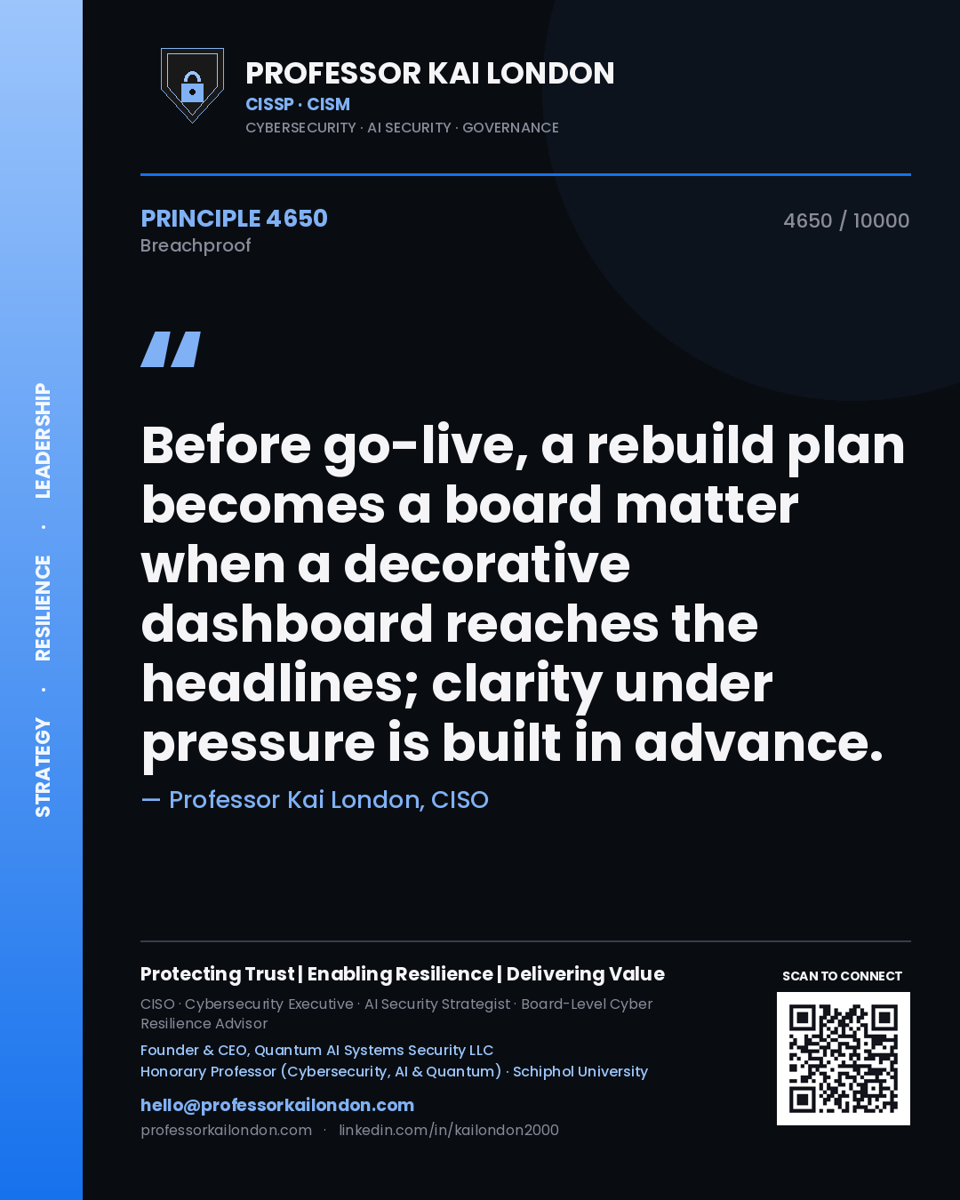 Quote card by Professor Kai London reading 'Before go-live, a rebuild plan becomes a board matter when a decorative dashboard reaches the headlines; clarity under pressure is built in advance.'. From the book Breachproof.