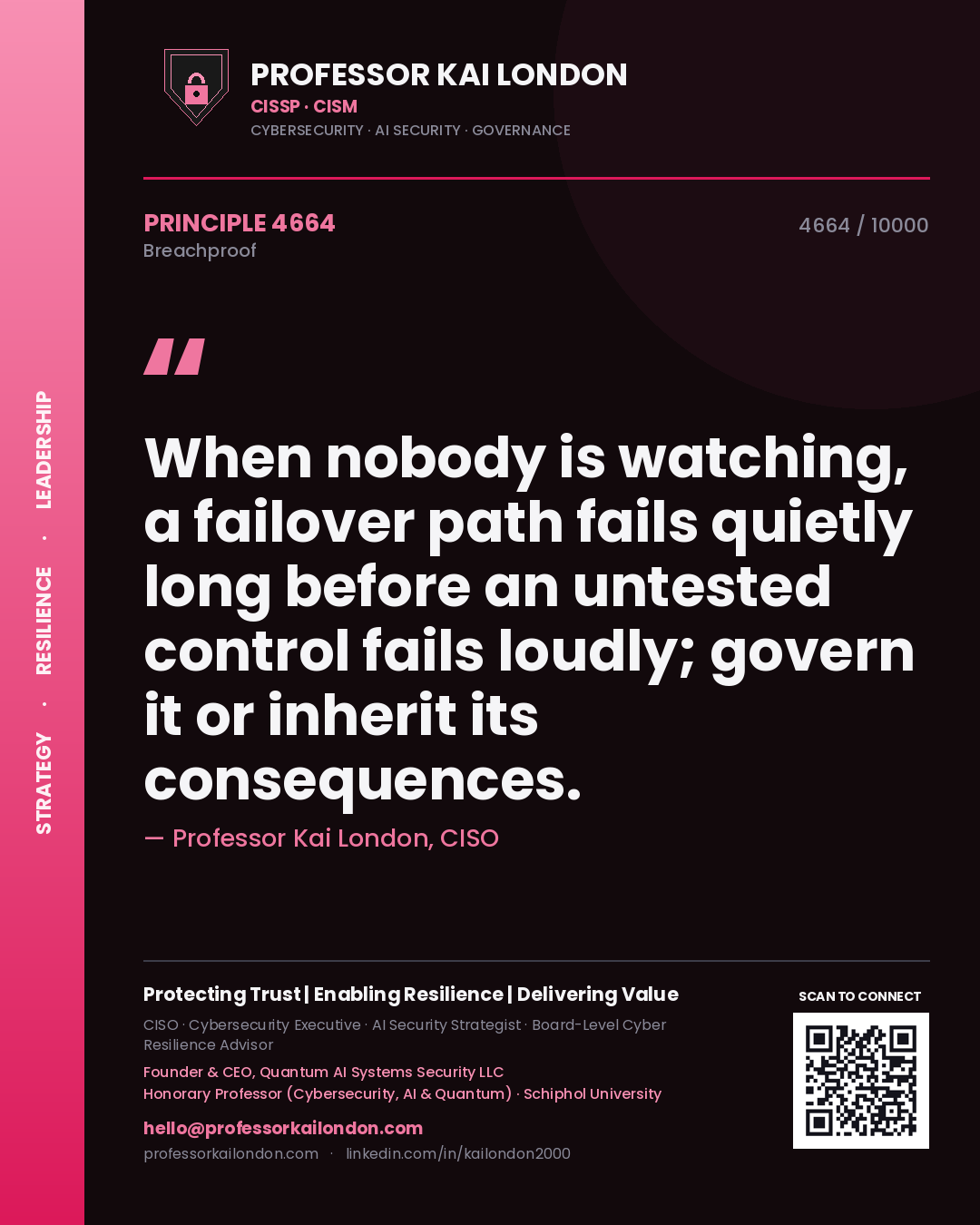 Quote card by Professor Kai London reading 'When nobody is watching, a failover path fails quietly long before an untested control fails loudly; govern it or inherit its consequences.'. From the book Breachproof.