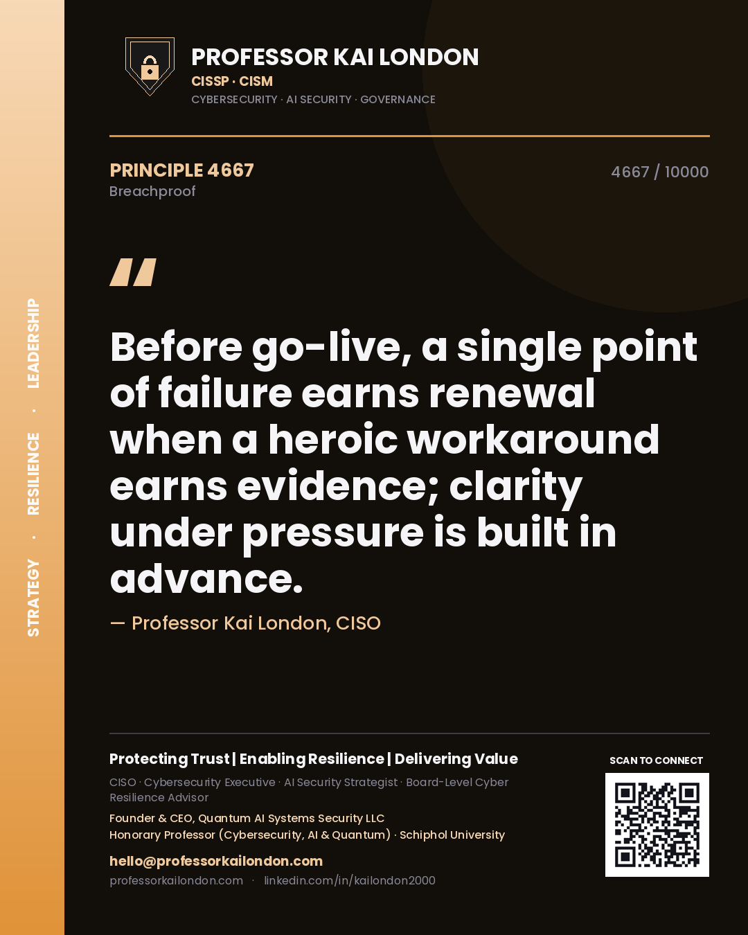 Quote card by Professor Kai London reading 'Before go-live, a single point of failure earns renewal when a heroic workaround earns evidence; clarity under pressure is built in advance.'. From the book Breachproof.
