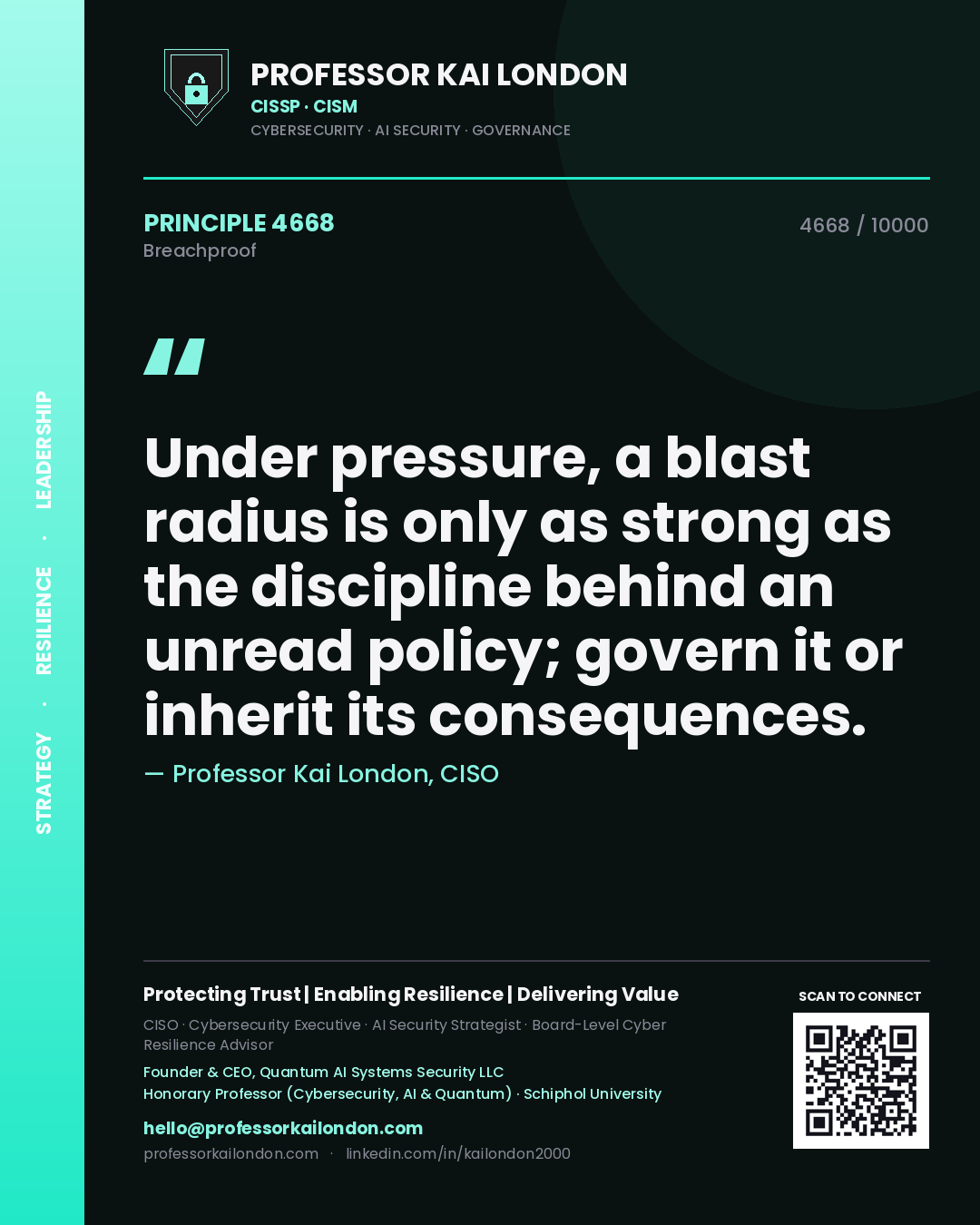 Quote card by Professor Kai London reading 'Under pressure, a blast radius is only as strong as the discipline behind an unread policy; govern it or inherit its consequences.'. From the book Breachproof.