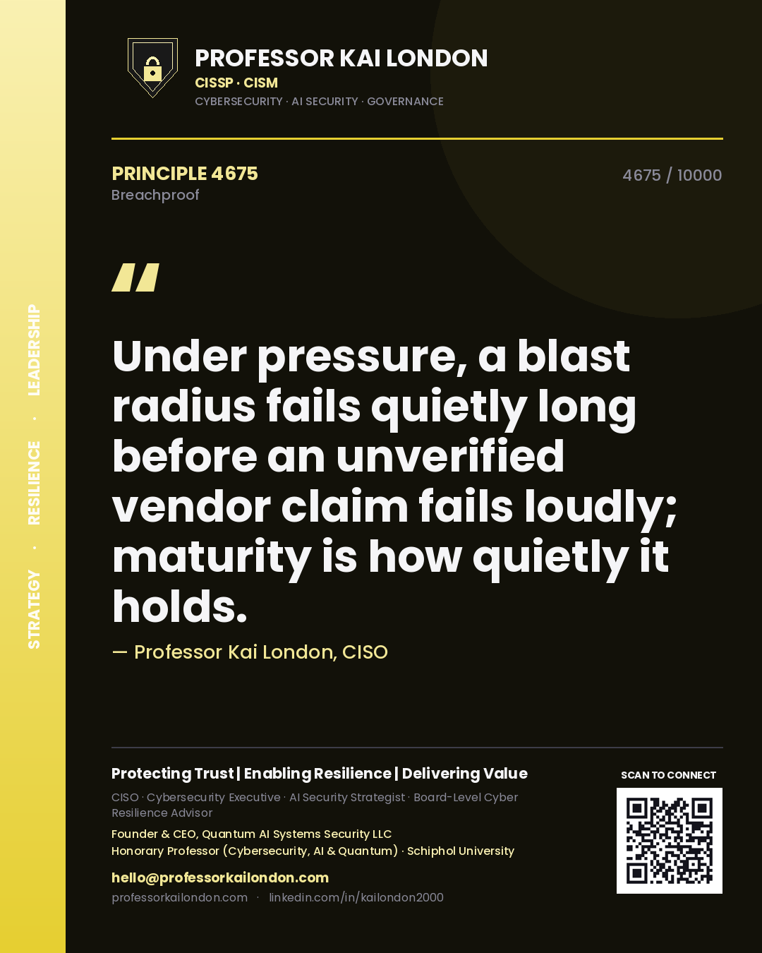 Quote card by Professor Kai London reading 'Under pressure, a blast radius fails quietly long before an unverified vendor claim fails loudly; maturity is how quietly it holds.'. From the book Breachproof.