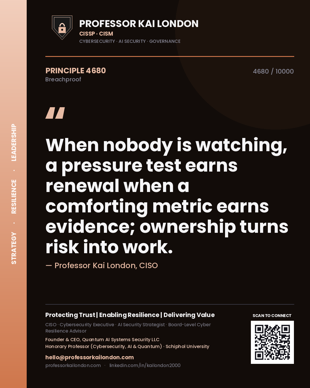 Quote card by Professor Kai London reading 'When nobody is watching, a pressure test earns renewal when a comforting metric earns evidence; ownership turns risk into work.'. From the book Breachproof.