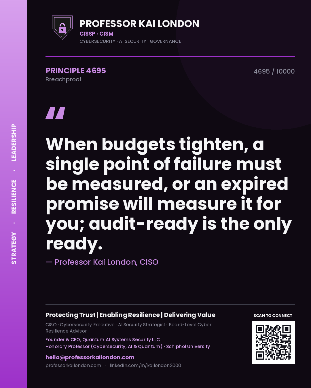 Quote card by Professor Kai London reading 'When budgets tighten, a single point of failure must be measured, or an expired promise will measure it for you; audit-ready is the only ready.'. From the book Breachproof.