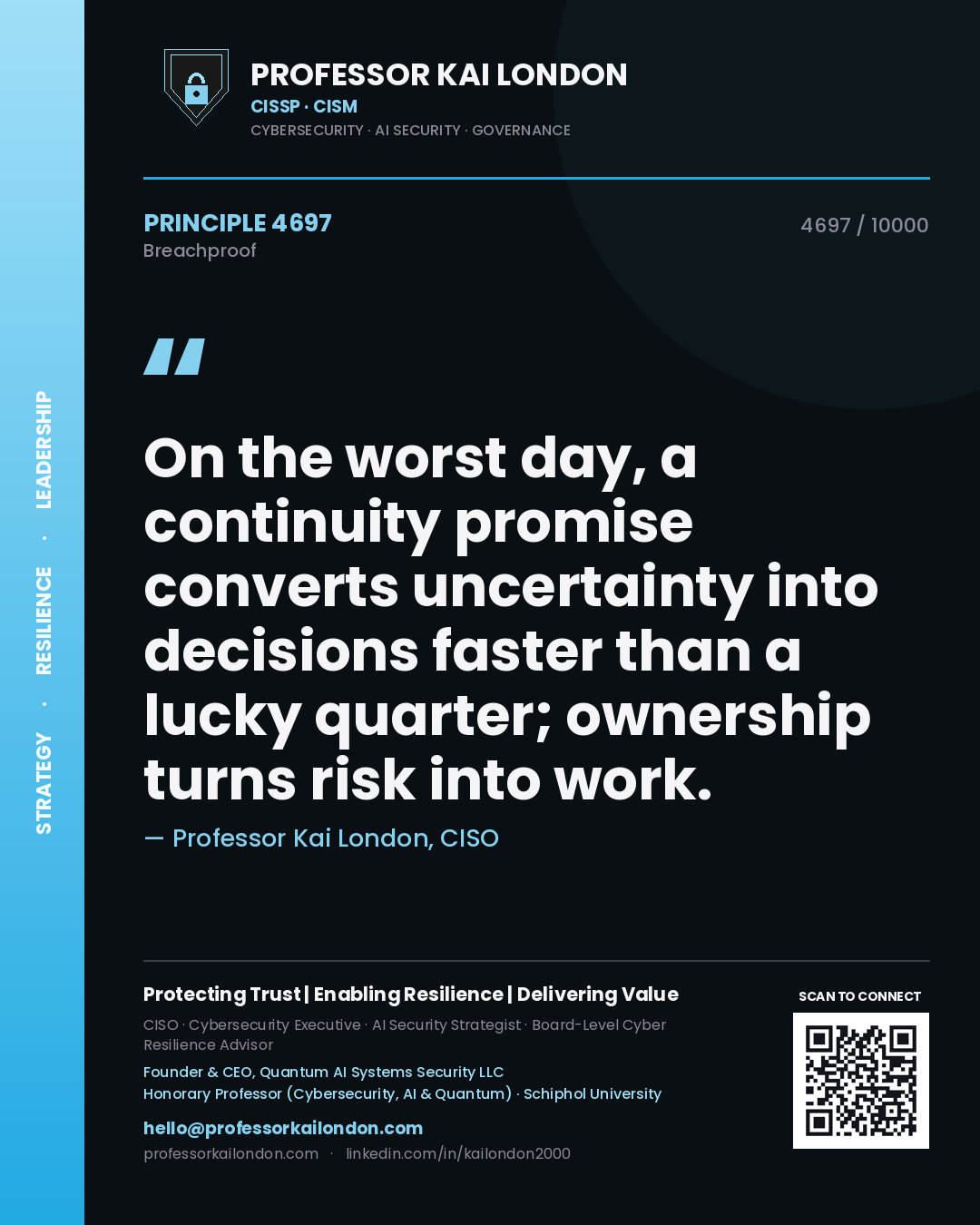 Quote card by Professor Kai London reading 'On the worst day, a continuity promise converts uncertainty into decisions faster than a lucky quarter; ownership turns risk into work.'. From the book Breachproof.