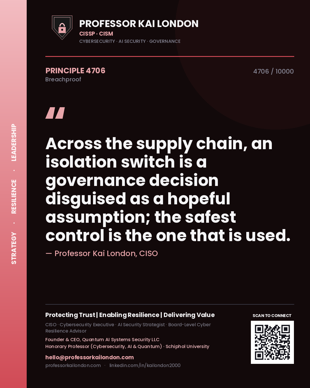 Quote card by Professor Kai London reading 'Across the supply chain, an isolation switch is a governance decision disguised as a hopeful assumption; the safest control is the one that is used.'. From the book Breachproof.