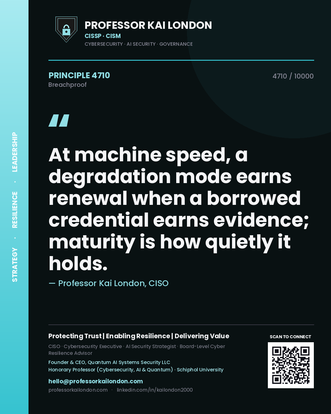 Quote card by Professor Kai London reading 'At machine speed, a degradation mode earns renewal when a borrowed credential earns evidence; maturity is how quietly it holds.'. From the book Breachproof.