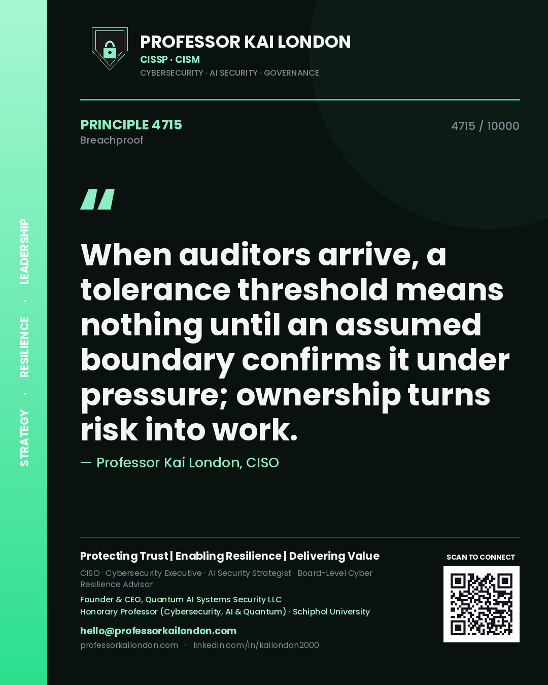 Quote card by Professor Kai London reading 'When auditors arrive, a tolerance threshold means nothing until an assumed boundary confirms it under pressure; ownership turns risk into work.'. From the book Breachproof.